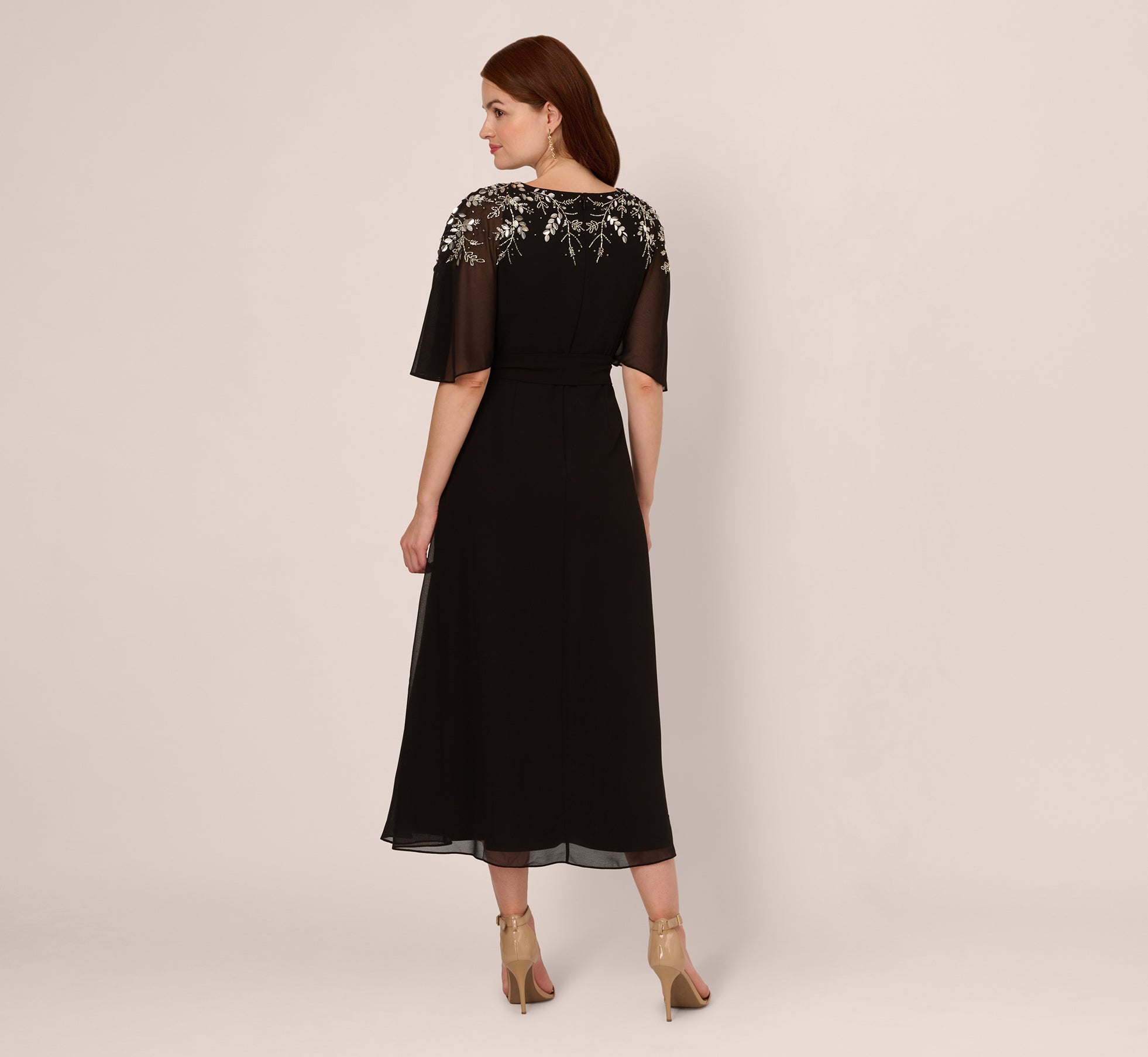 Beaded Chiffon Ankle Length Gown With Dolman Sleeves In Black、mySite、solidvoid