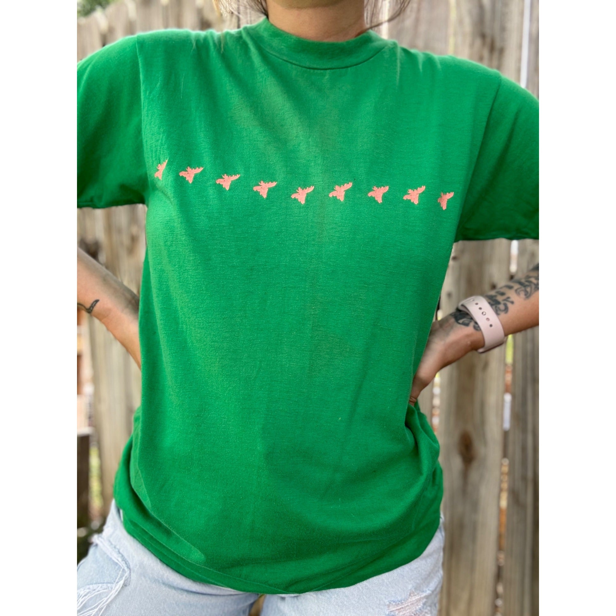 90's Moose Green Animal Single Stitch Graphic Tee T-Shirt Medium、mySite、garagedoors4me