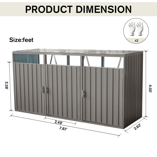 Garbage Bin Shed Stores 3 Trash Cans Metal Outdoor Bin Shed for Garbage Storage,Stainless Galvanized Steel, Bin Shed for Garden Yard Lawn,Grey、、eastwooduniform