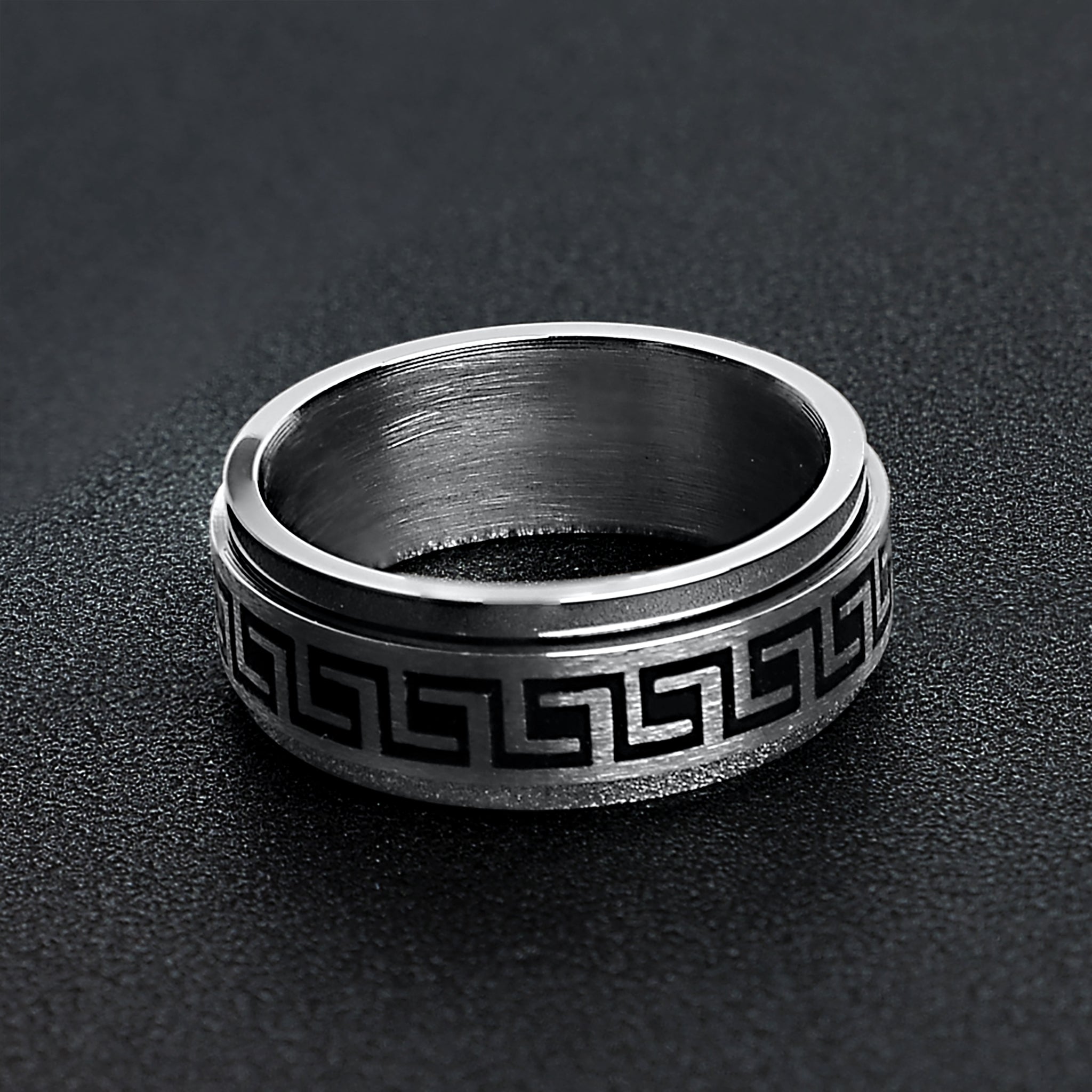 Stainless Steel Black Greek Key Spinner Center Polished Ring / SRJ2056、mySite、dreamappss