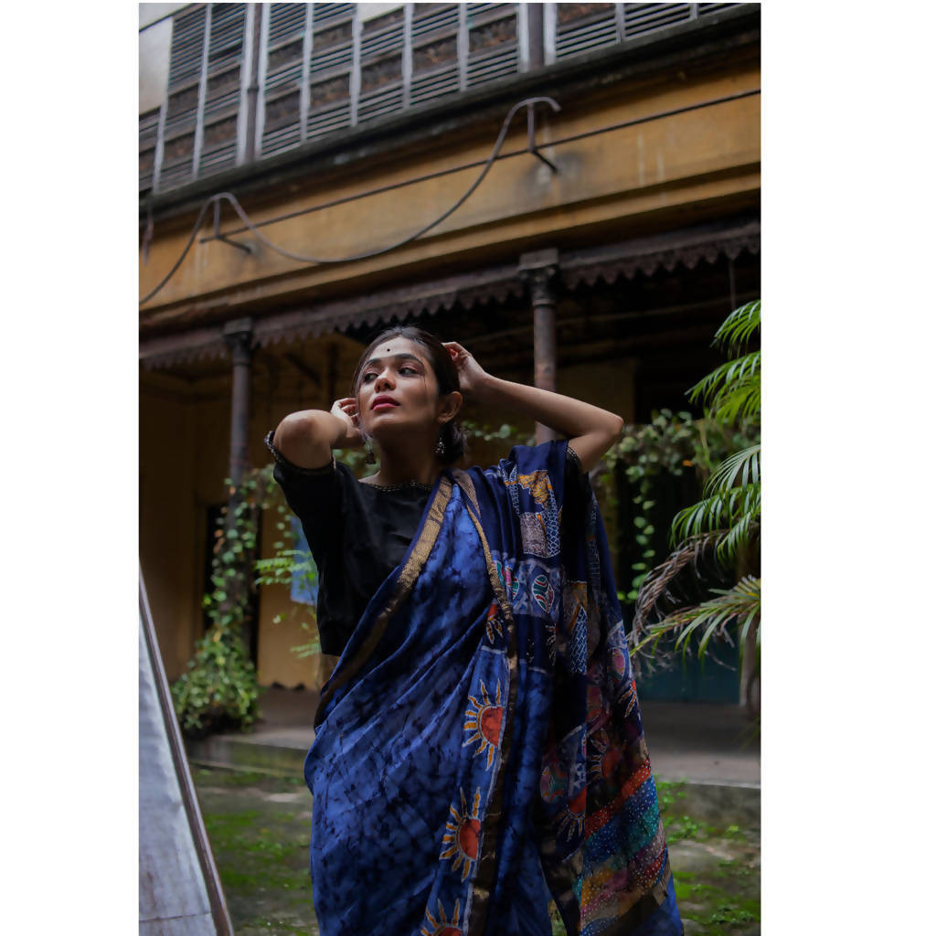 Festive Wear | Maheshwari Cotton Silk Batik Saree | Dark Blue、mySite、camillekostekn
