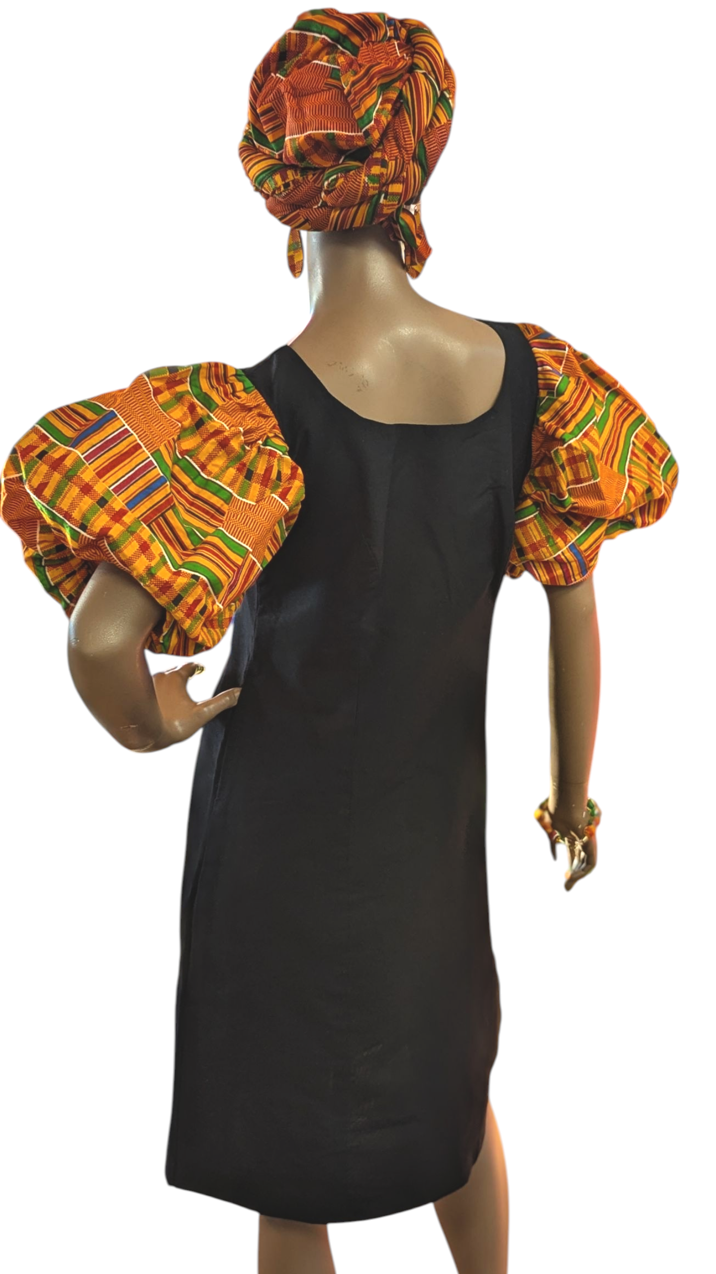 Dupsie's Adinkrahene Black bodice with Kente African print puffy short sleeve dress DP3227AD、mySite、solidvoid