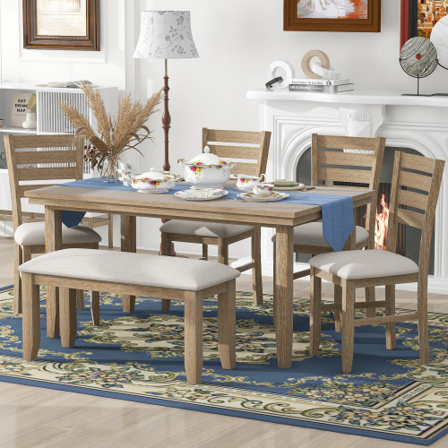 TREXM Dining Room Table and Chairs with Bench, Rustic Wood Dining Set, Set of 6 (Gray)、、casual