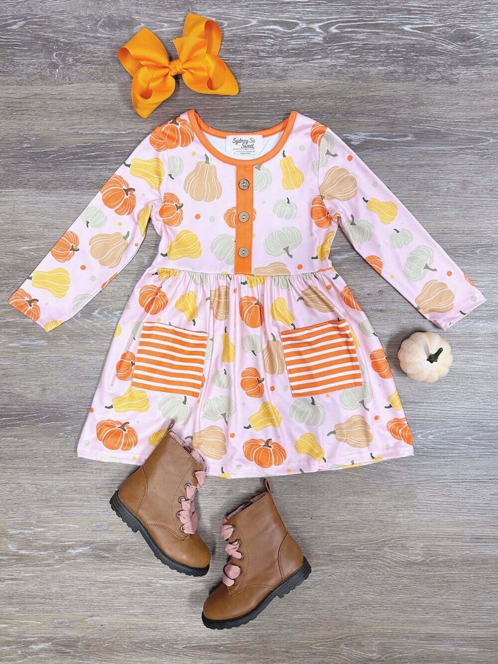 Pumpkin Season Orange Striped Pocket Girls Dress、mySite、camillekostekn