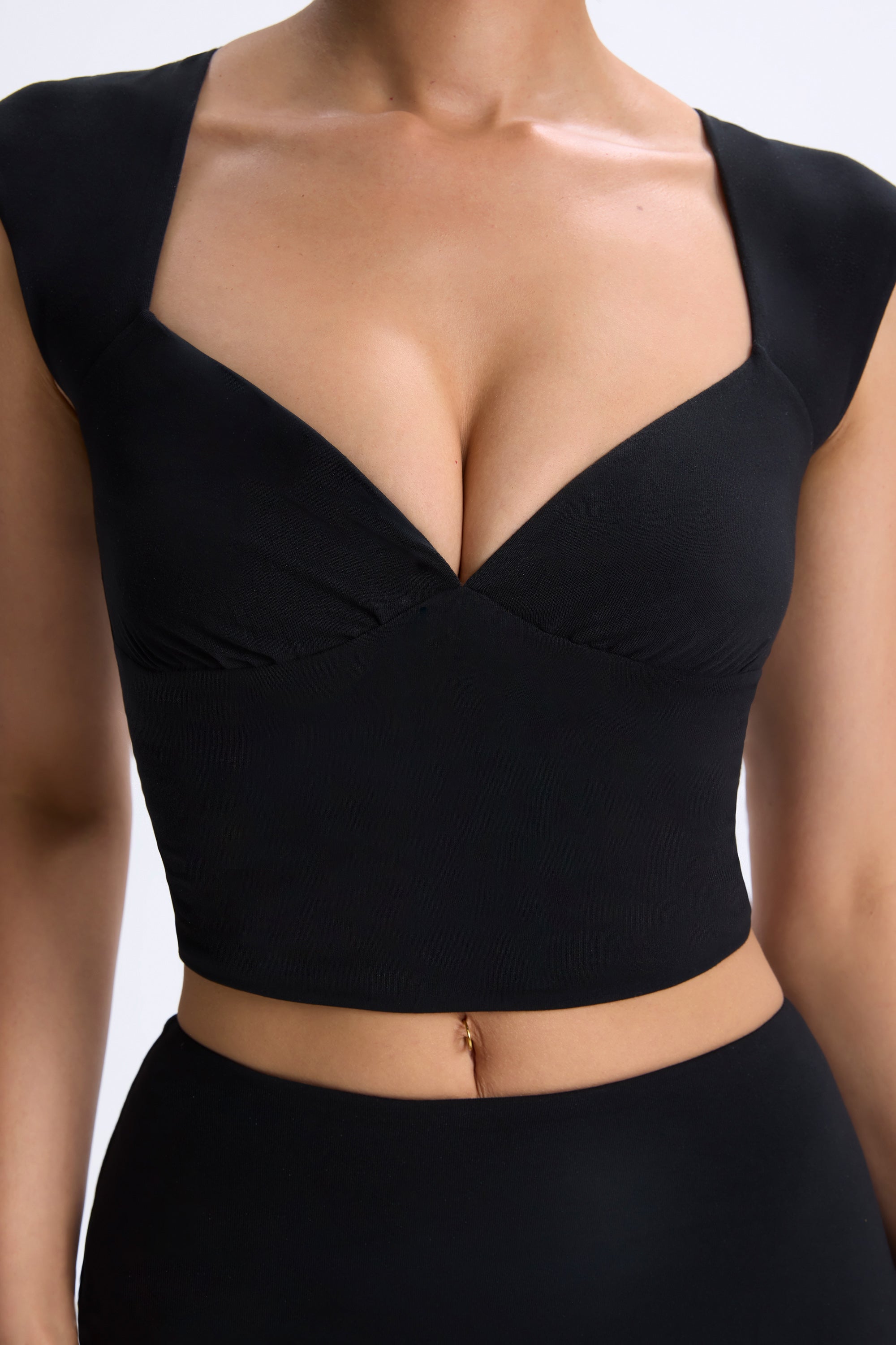 Ruched Cap-Sleeve Top in Black、mySite、solidvoid