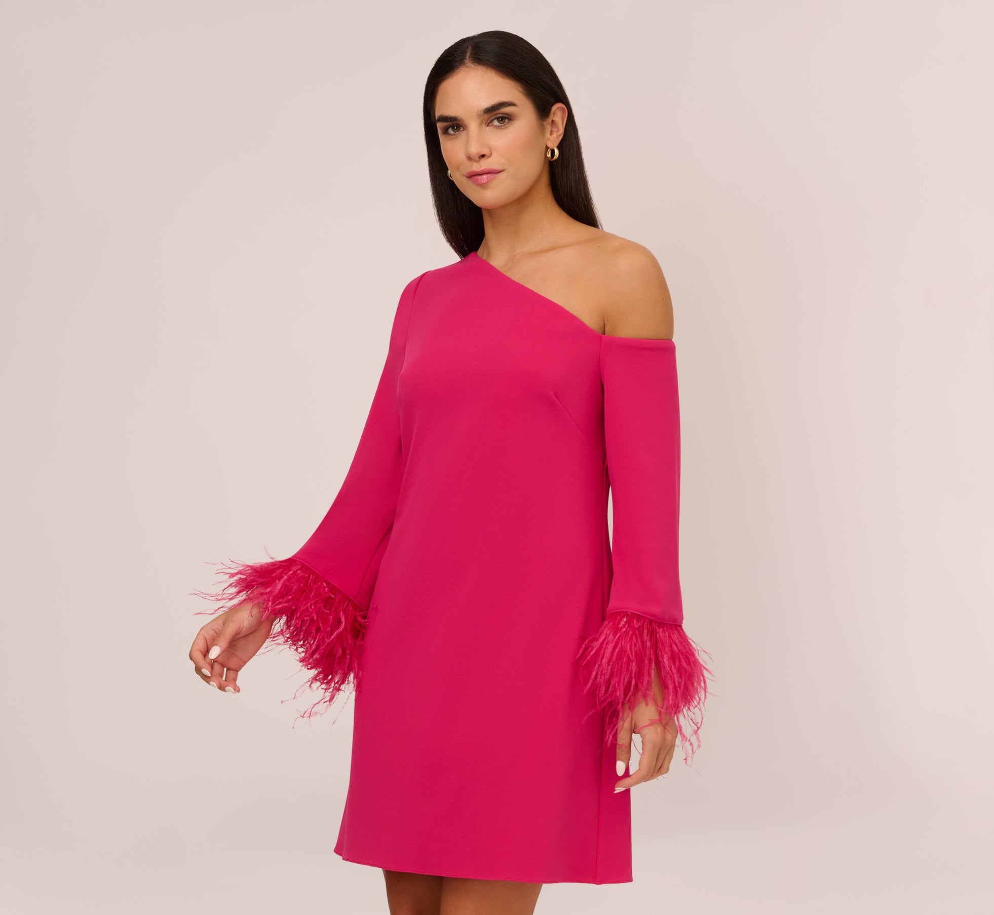 Knit Crepe One Shoulder Long Sleeve Dress With Feather Accents In Bright Rose、mySite、solidvoid