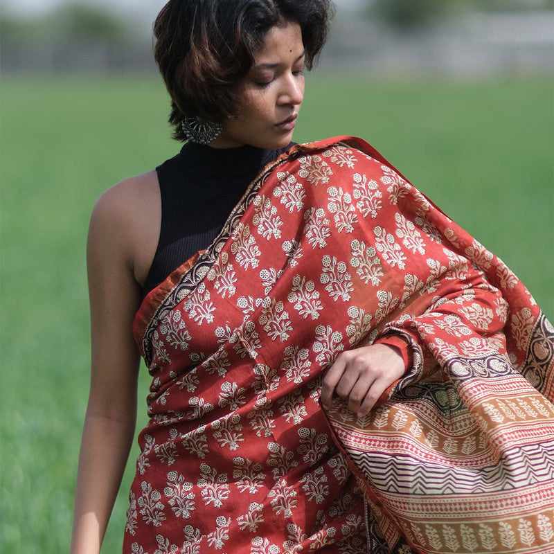 Bagru Printed Chanderi Red Saree、mySite、camillekostekn