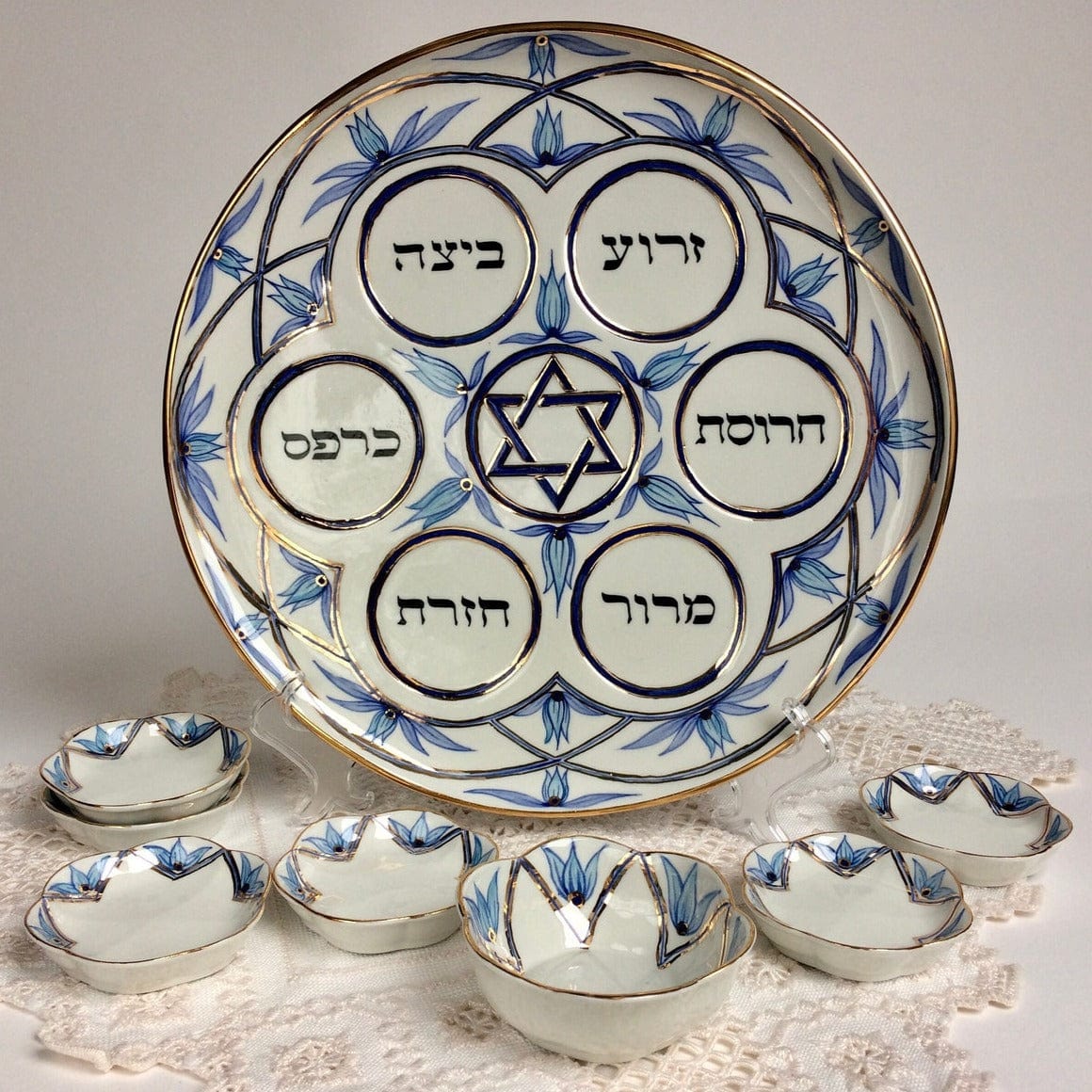 Navy, Turquoise and Gold Floral Porcelain Seder Plate and Salt Bowl、mySite、topwebapps