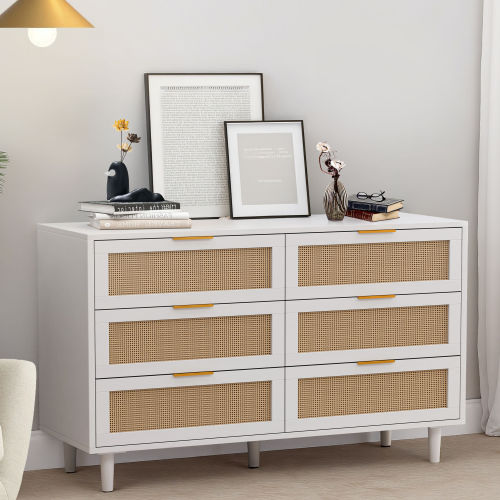 51.18"6-Drawers Rattan Storage Cabinet Rattan Drawer,for Bedroom,Living Room,Natural (Same SKU:W757P198980)、、casual