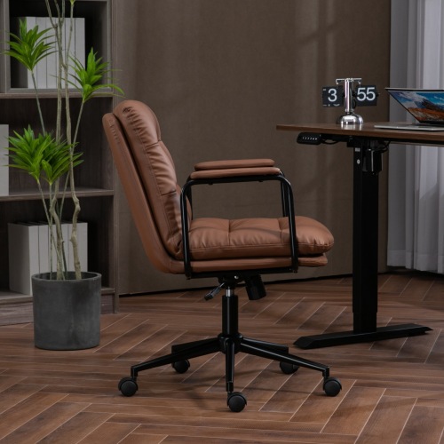Office Chair,Mid Back Home Office Desk Task Chair with Wheels and Arms Ergonomic PU Leather Computer Rolling Swivel Chair with Padded Armrest,The back of the chair can recline 40° (Brown)、、casual