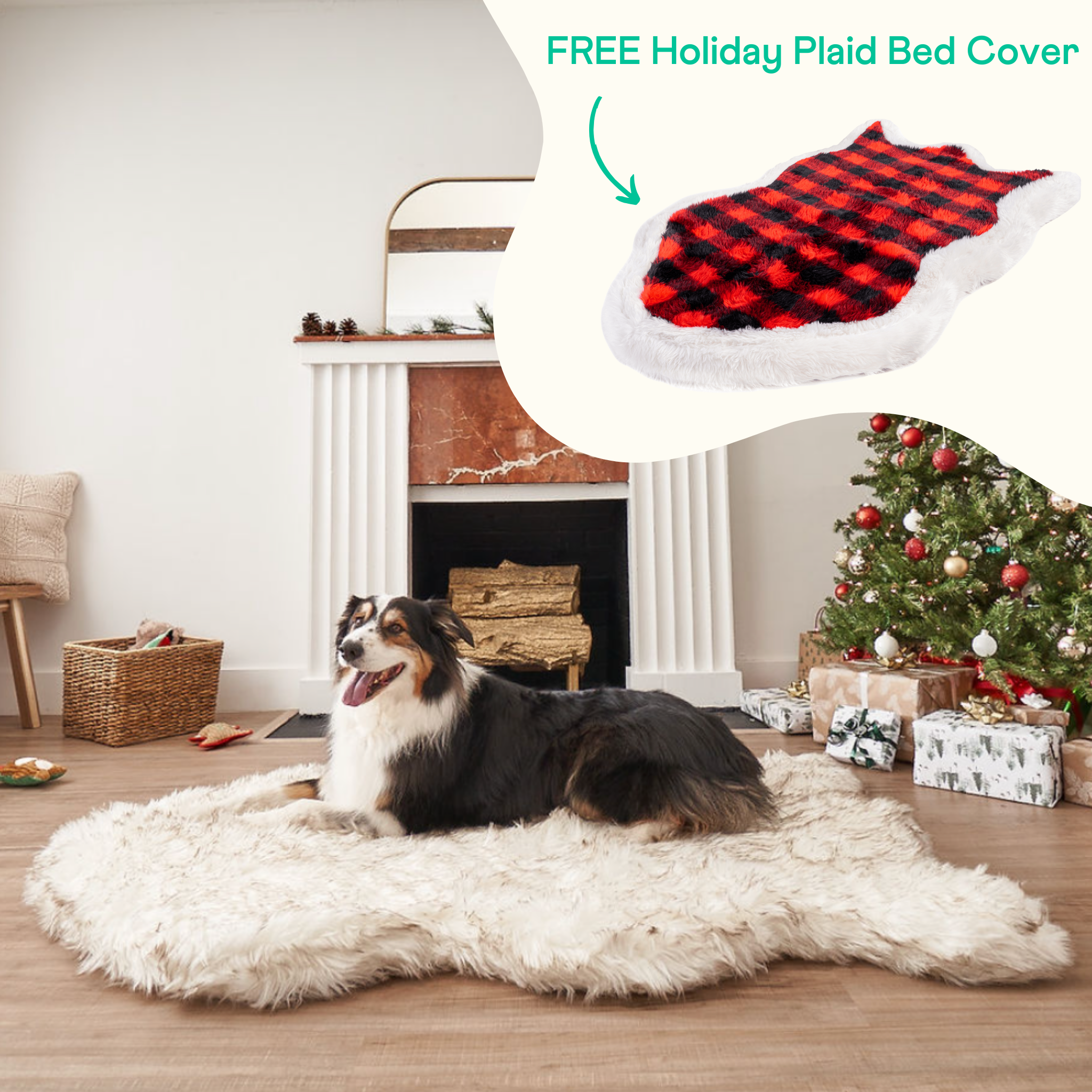 PupRug™ Faux Fur White With Brown Accents Orthopedic Dog Bed + FREE Red & Black Plaid Bed Cover、mySite、solidvoid