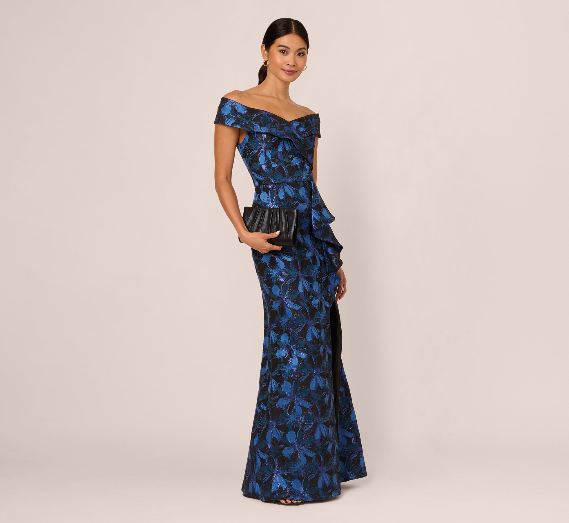 Off Shoulder Jacquard Gown In Blue Multi、mySite、solidvoid