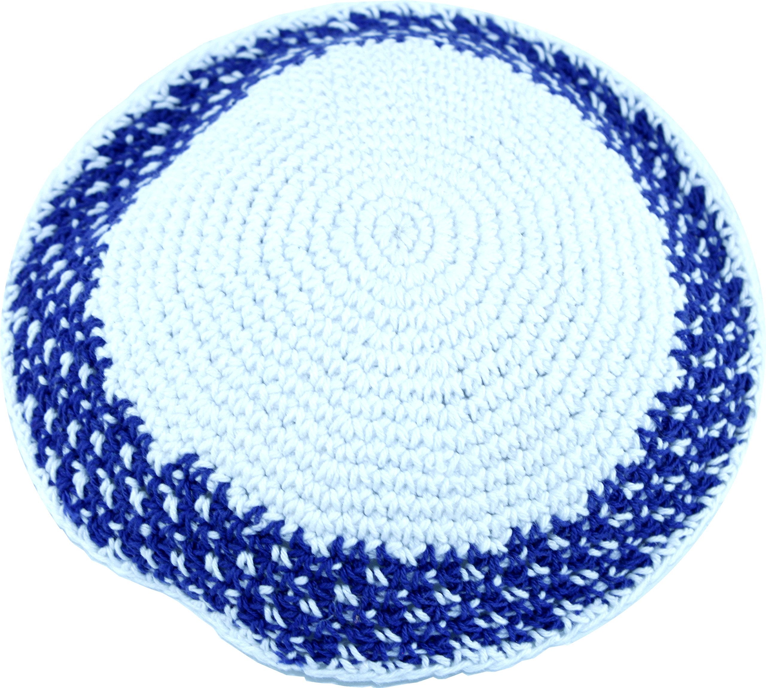  Holy Land Market White/Royal Blue Model II, 17cm DMC 100% Knitted Cotton Kippah Skullcap Jewish、mySite、elrpsem3k
