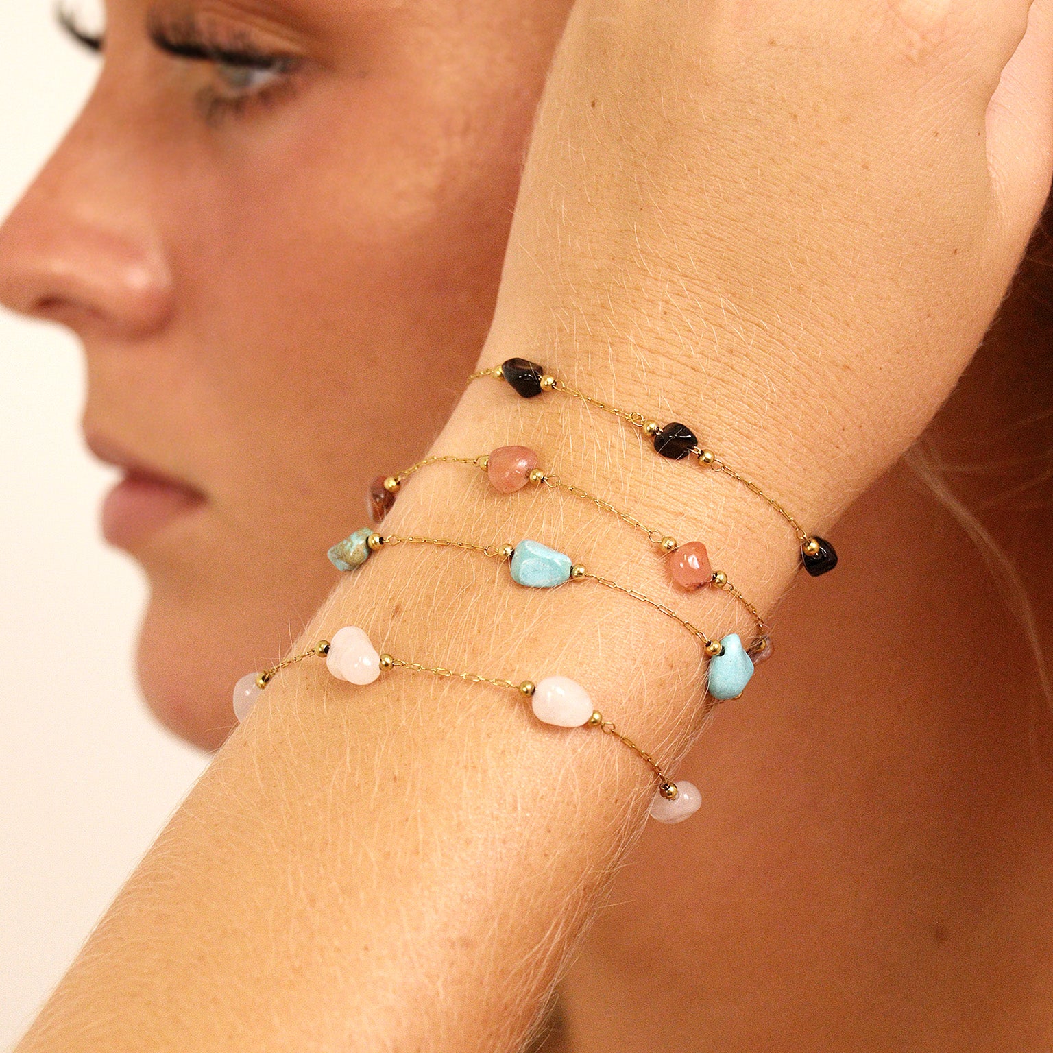 18K Gold PVD Stainless Steel Beaded Stone Chain - By The Foot / SPL1017、mySite、dreamappss