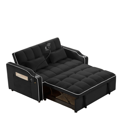1 versatile foldable sofa bed in 3 lengths, modern sofa sofa sofa velvet pull-out bed, adjustable back and with USB port and ashtray and swivel phone stand (black)、、casual