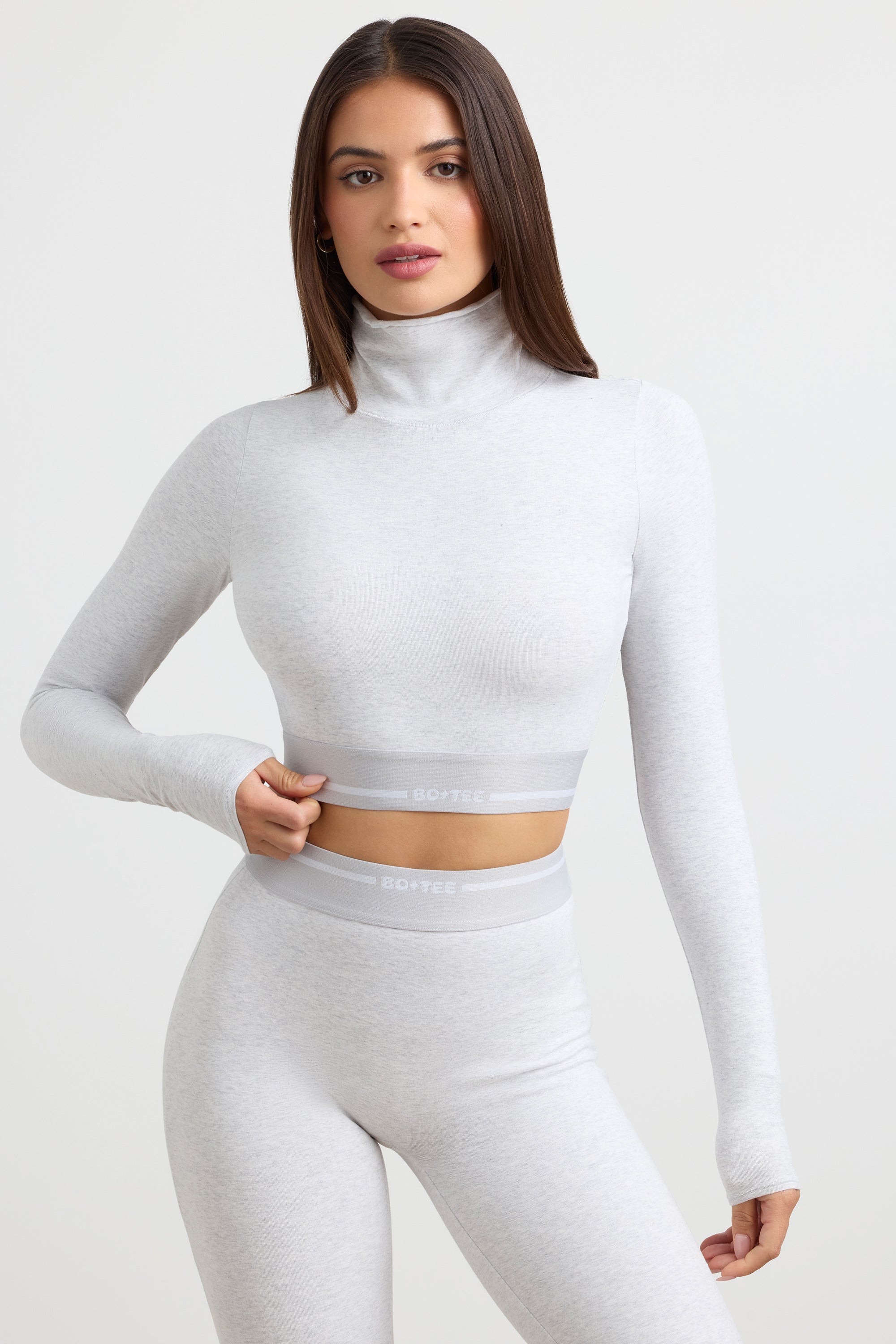 Turtleneck Backless Long-Sleeve Crop Top in Grey Marl、mySite、solidvoid