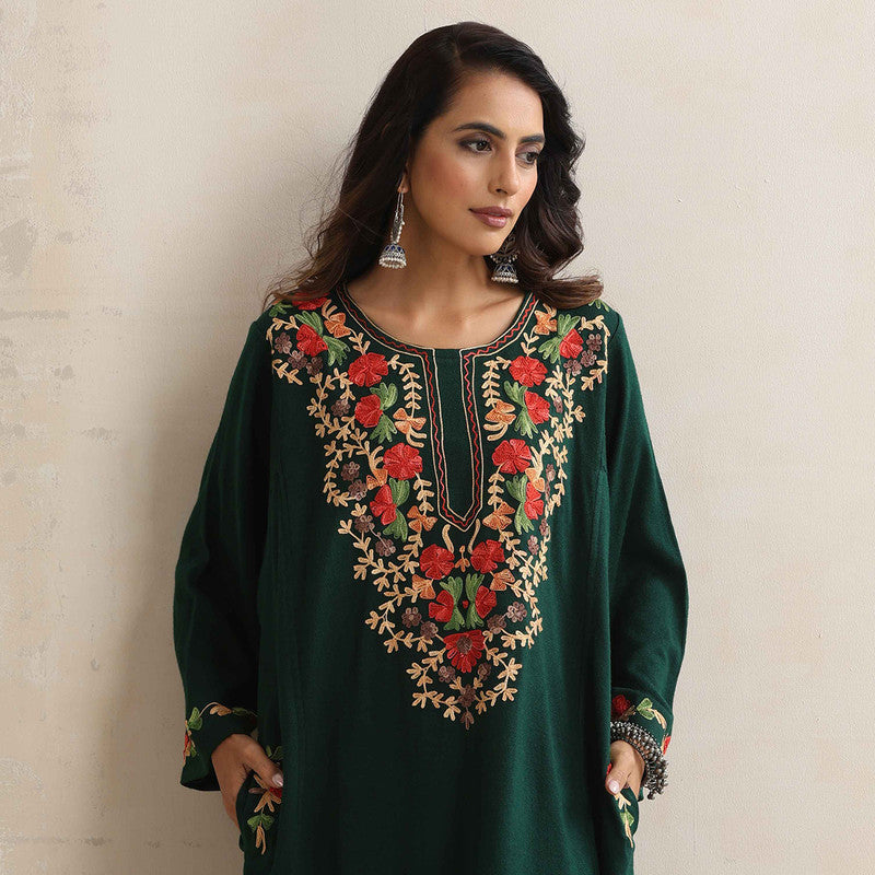 Woolen Kurta For Women | Floral Embroidered | Green、mySite、camillekostekn