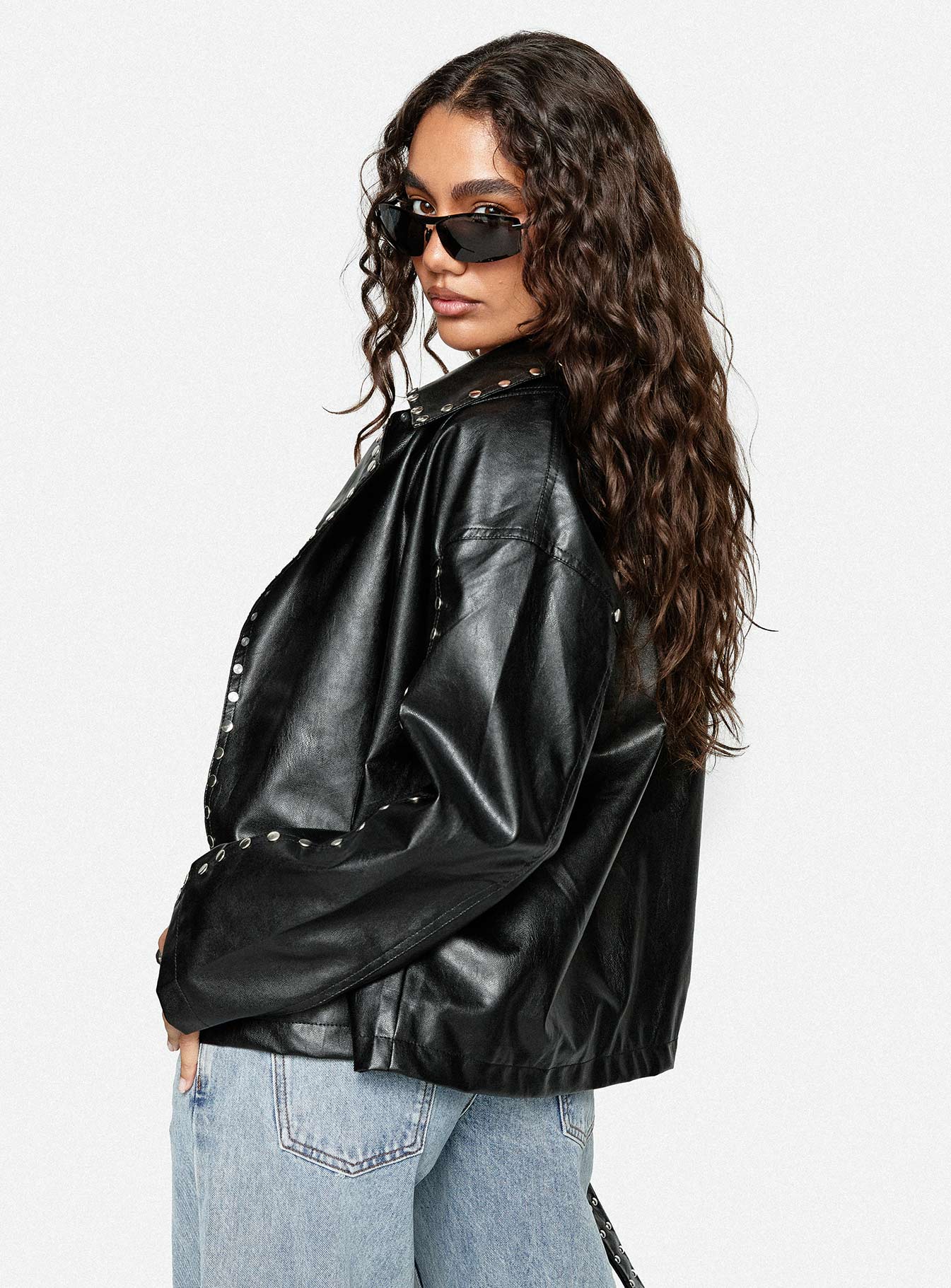 Kaeden Faux Leather Stud Detail Biker Jacket Black、mySite、solidvoid