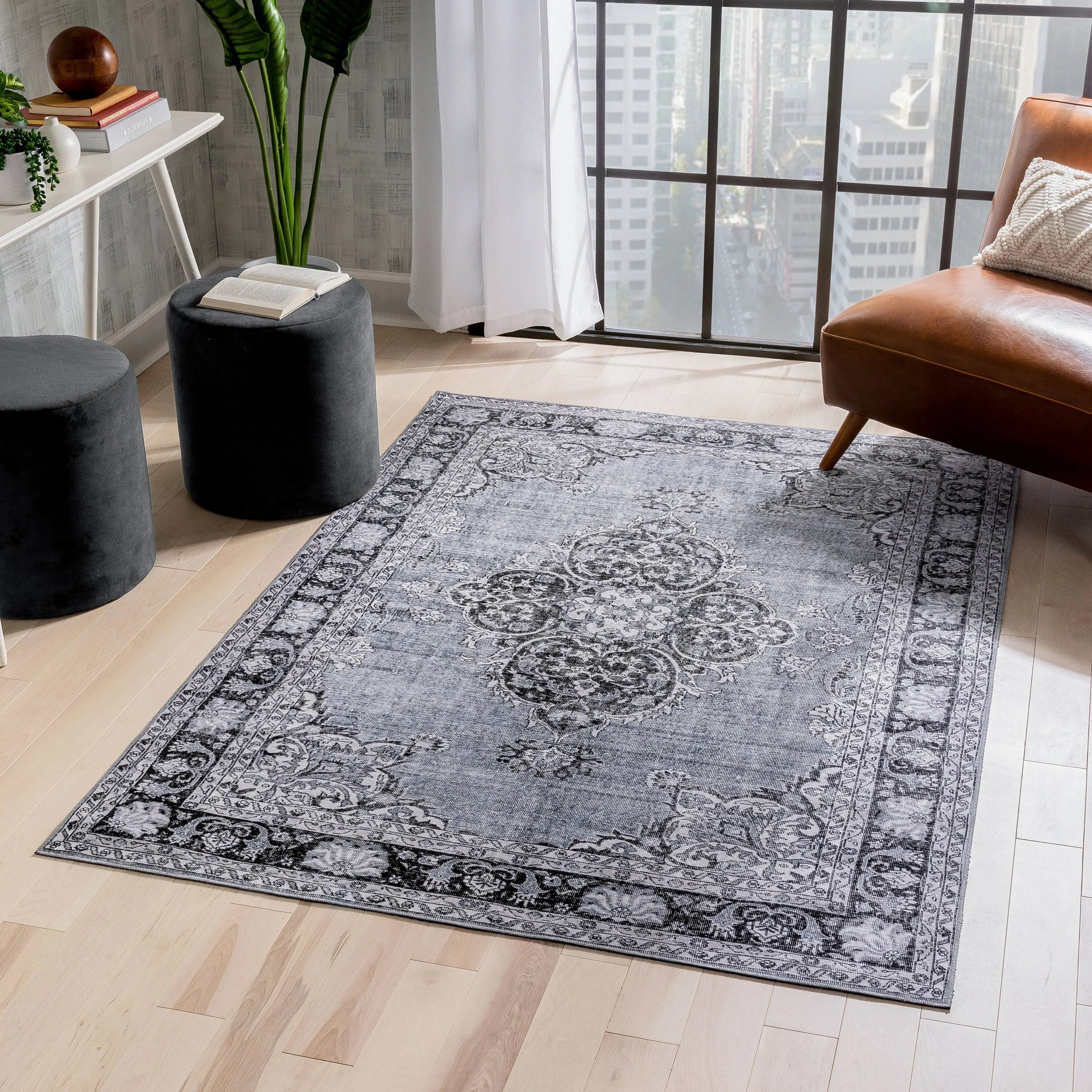Tarifa Vintage Bohemian Medallion Grey Machine Washable Rug、mySite、gigharbornorthrealestate