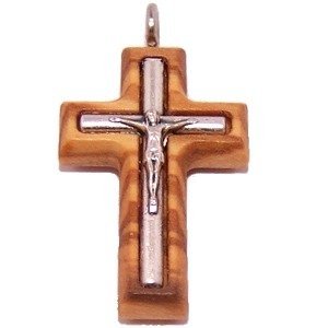 Olive wood Cross with Embedded pewter Crucifix - Latin (3cm - 1.2) - 5mm thick、mySite、topwebapps
