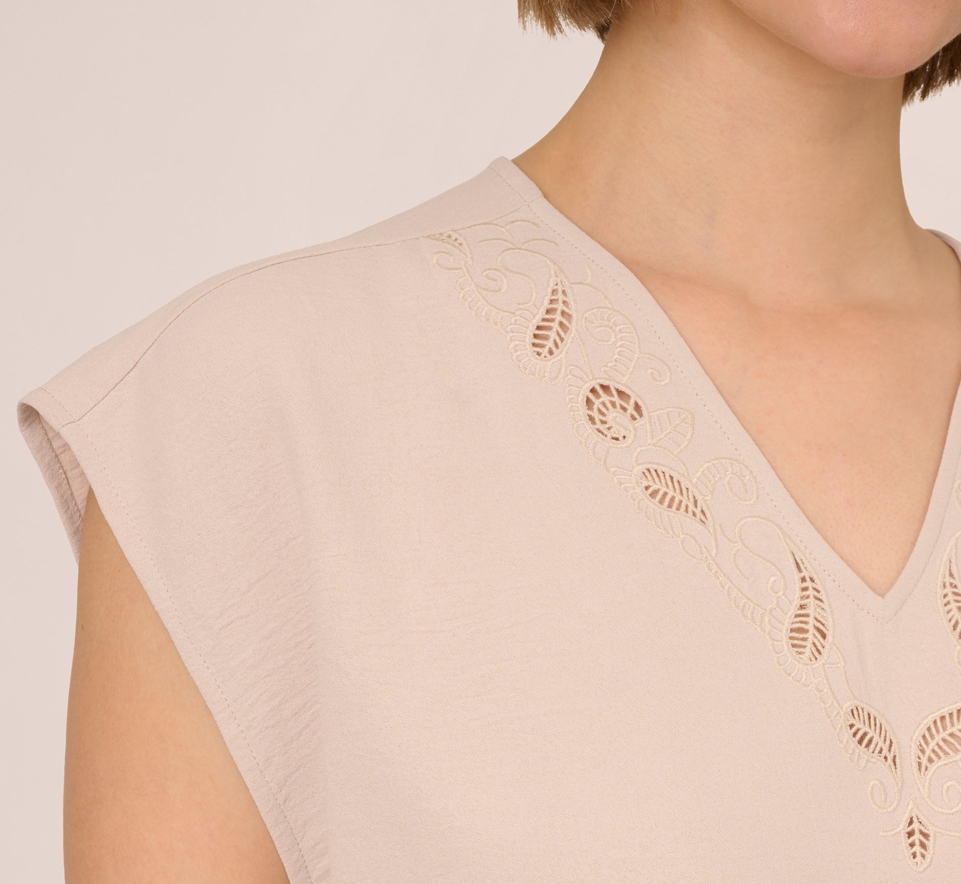 Sleeveless Embroidered V Neck Top In Pebble、mySite、solidvoid