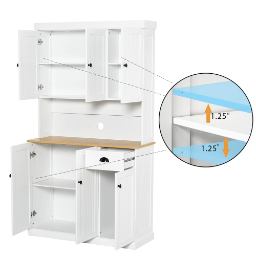 71" Kitchen Pantry Storage Cabinet with Microwave Oven Countertop, Freestanding Hutch Cabinet with Adjustable Shelves, 6 Doors and 1 Drawer-White、、casual