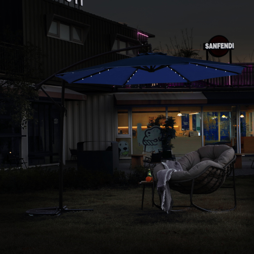 10ft Solar LED Offset Hanging Market Patio Umbrella ( khaki )(No Base)、、eastwooduniform