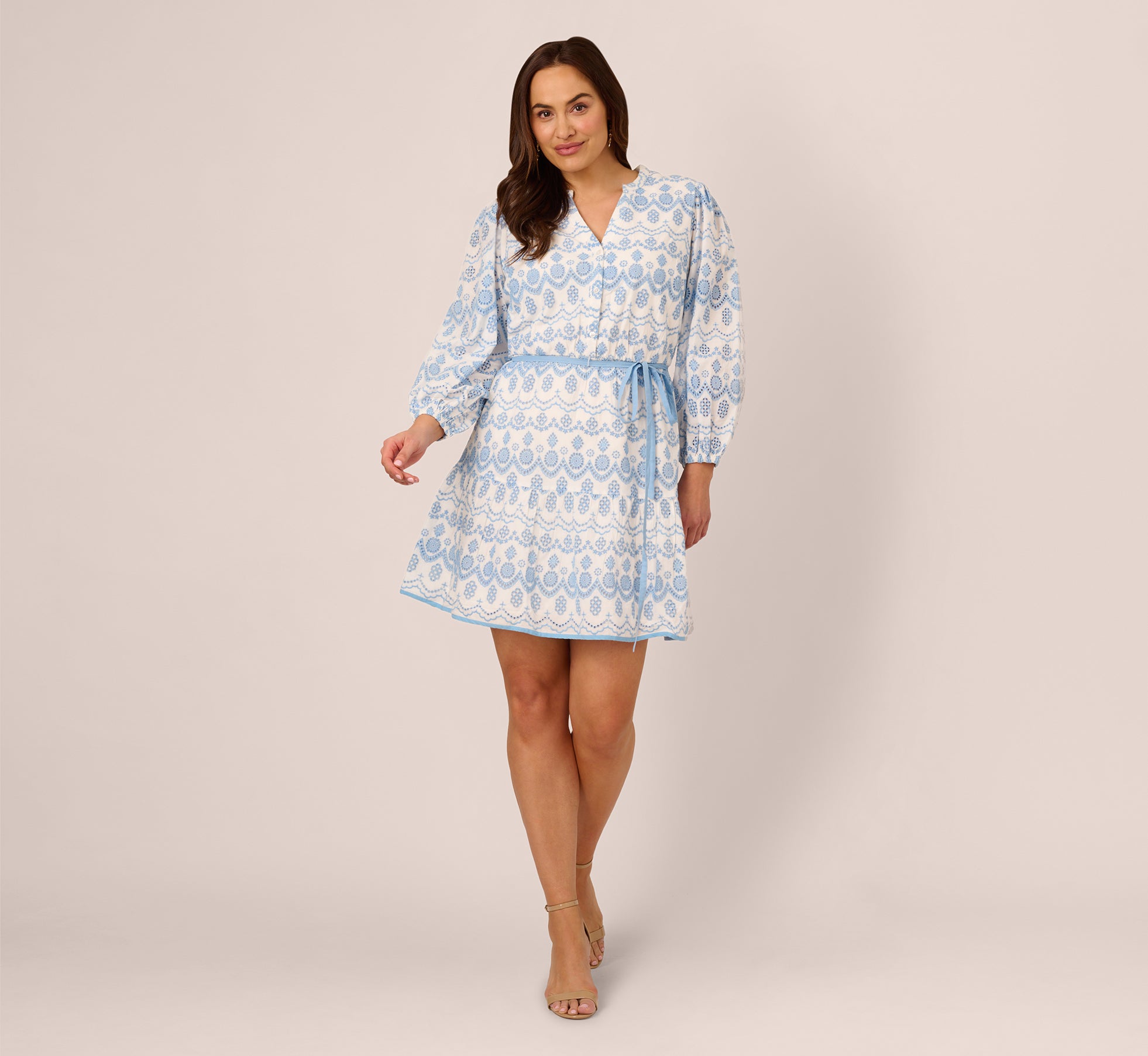 Plus Size Long Sleeve Flounce Eyelet Shirt Dress In Light Blue Ivory、mySite、solidvoid