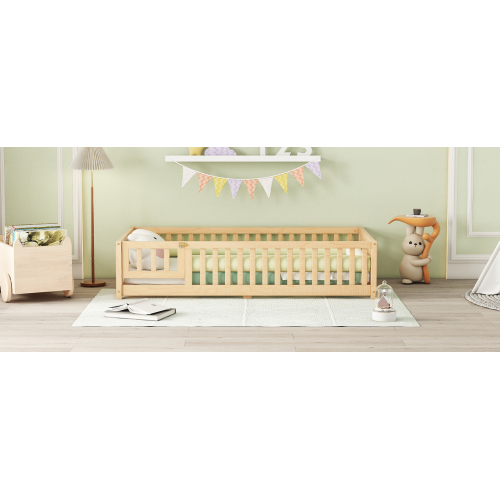 Twin Size Bed Floor Bed with Safety Guardrails and Door for Kids, Natural(Old SKU: W158090686)、、casual