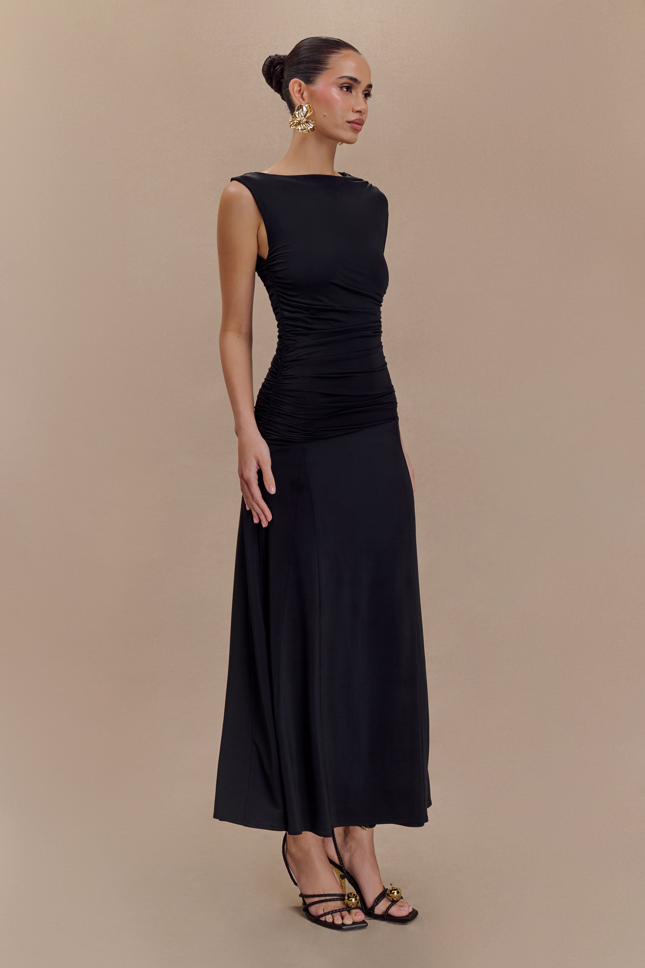 Navanna Asymmetric Slinky Midi Dress - Black、mySite、solidvoid