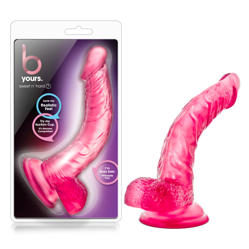B Yours By Blush® | Sweet N' Hard 7 Realistic Curved G-Spot Pink 8.5-Inch Long Dildo With Balls & Suction Cup Base、mySite、bottomscart