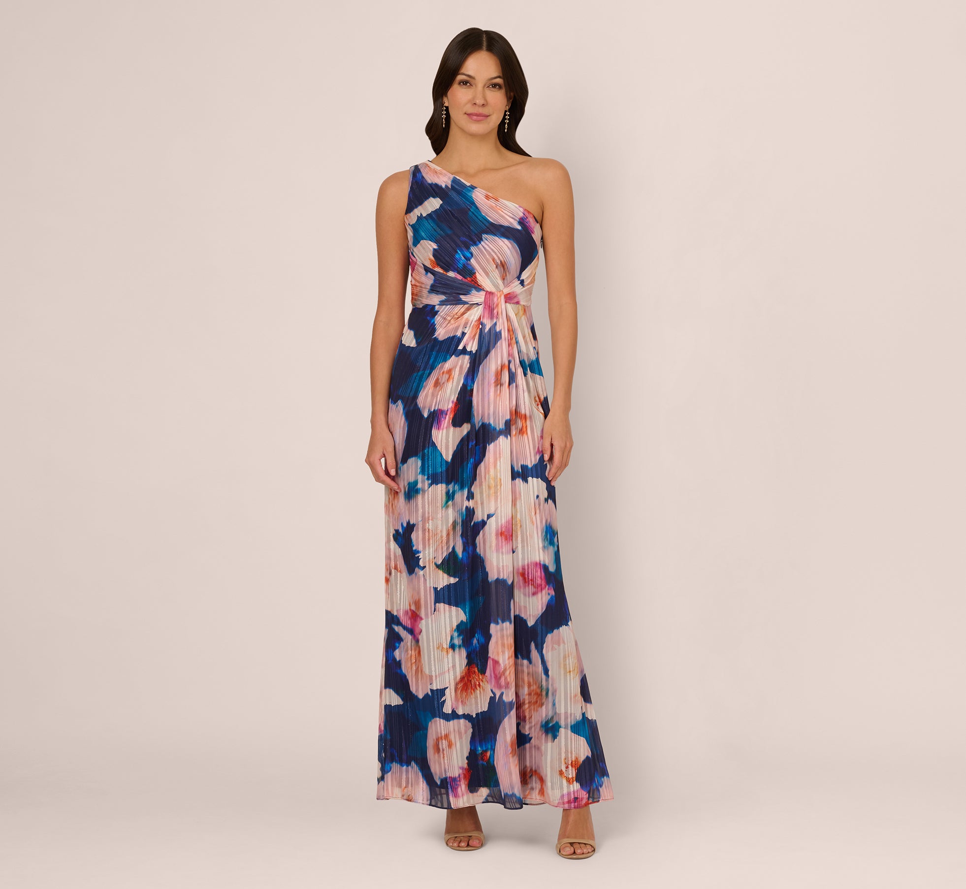 Floral Print Chiffon Gown With One Shoulder Neckline In Navy Blush、mySite、solidvoid