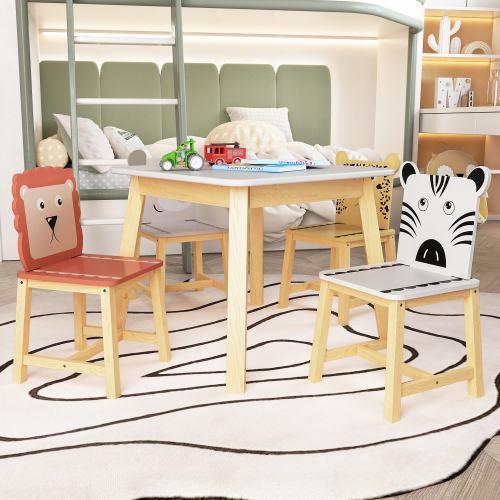 Kids Table and 2 Chairs Set, 3 Pieces Toddler Table and Chair Set, Wooden Activity Play Table Set (Lion&Monkey)、、casual
