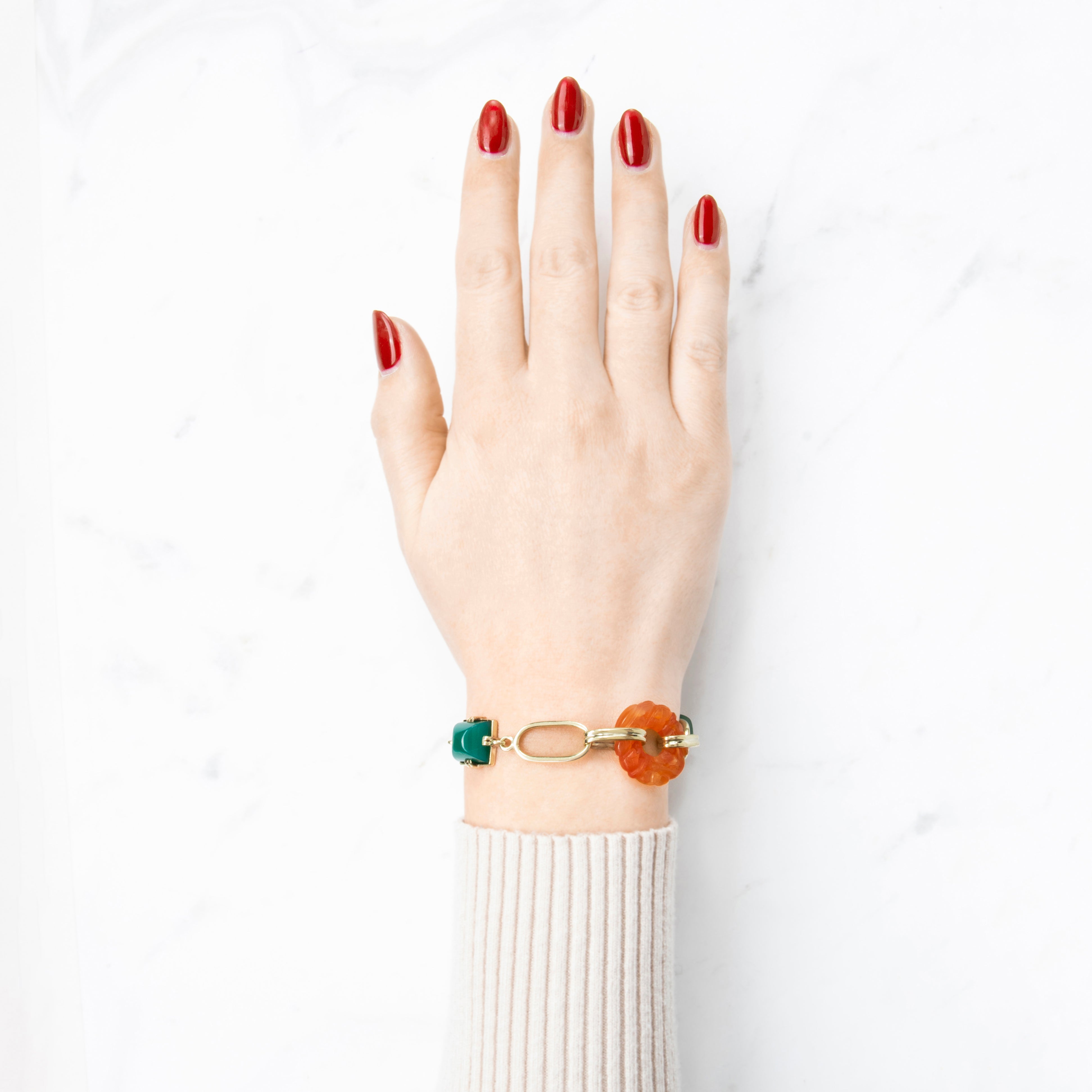 Vintage Art Deco 14k Yellow Gold Carved Carnelian Onyx Station Bracelet 7.5、mySite、hinf8tx79