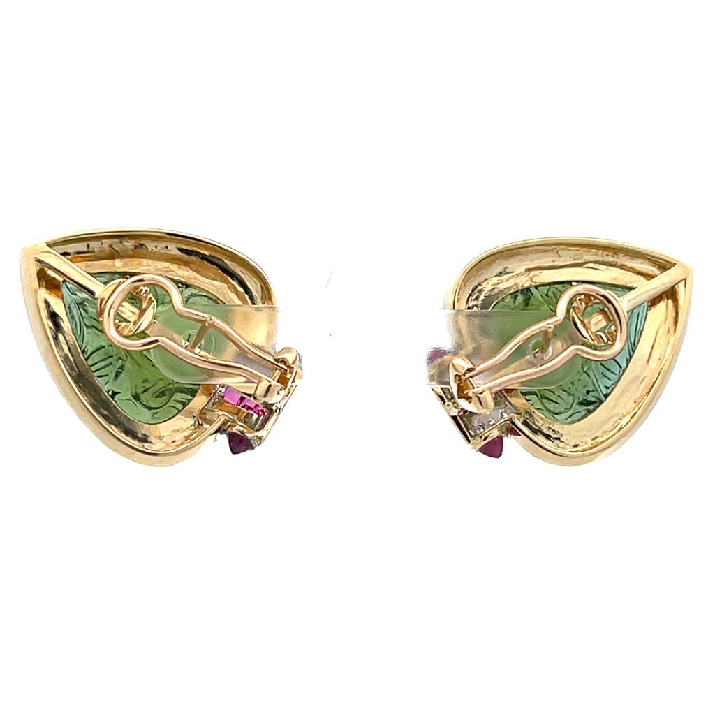 Estate 18K Yellow Gold Carved Green Tourmaline, Ruby, & Diamond Stud Earrings、mySite、botmansion