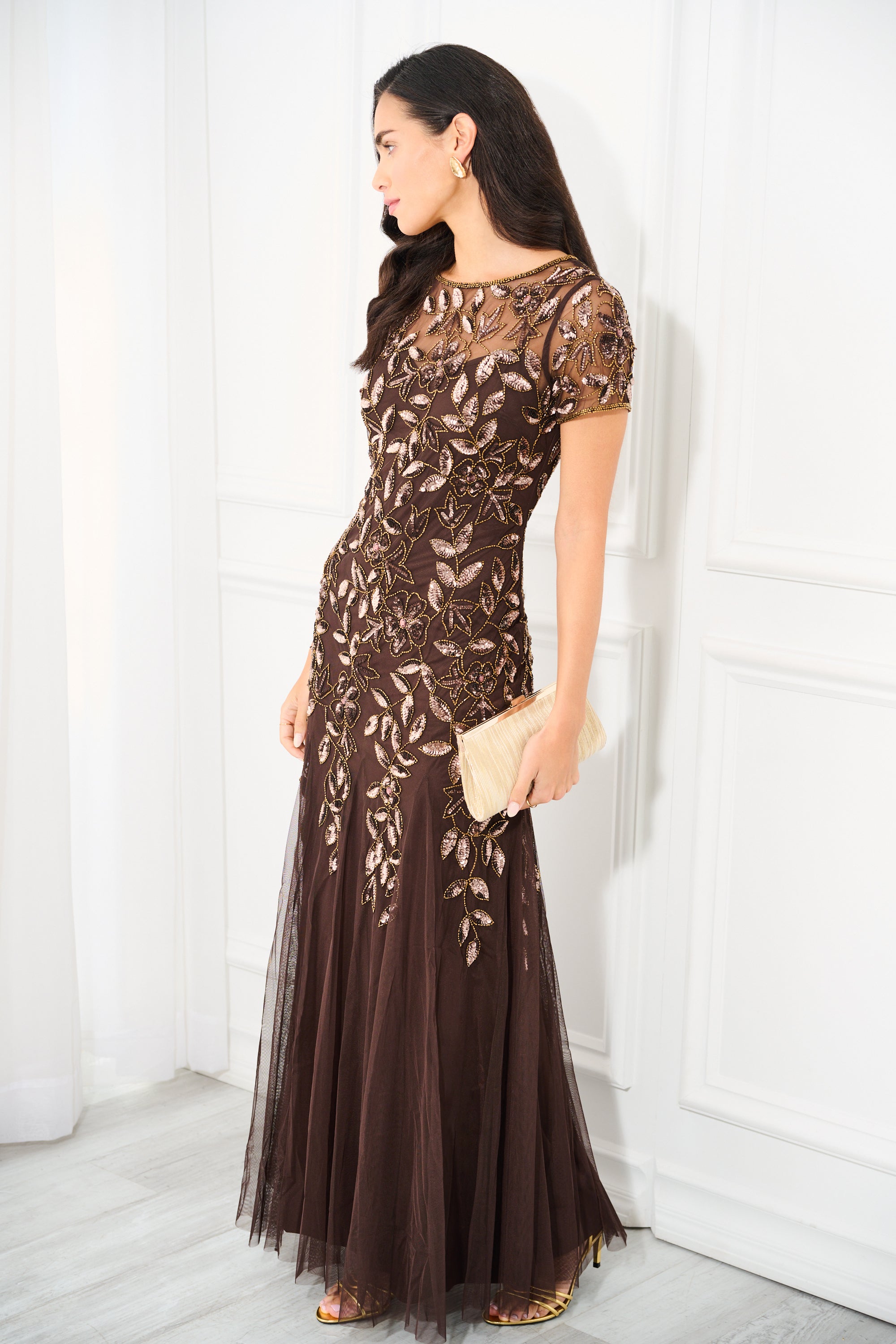 Hand Beaded Short Sleeve Floral Godet Gown In Chocolate、mySite、solidvoid