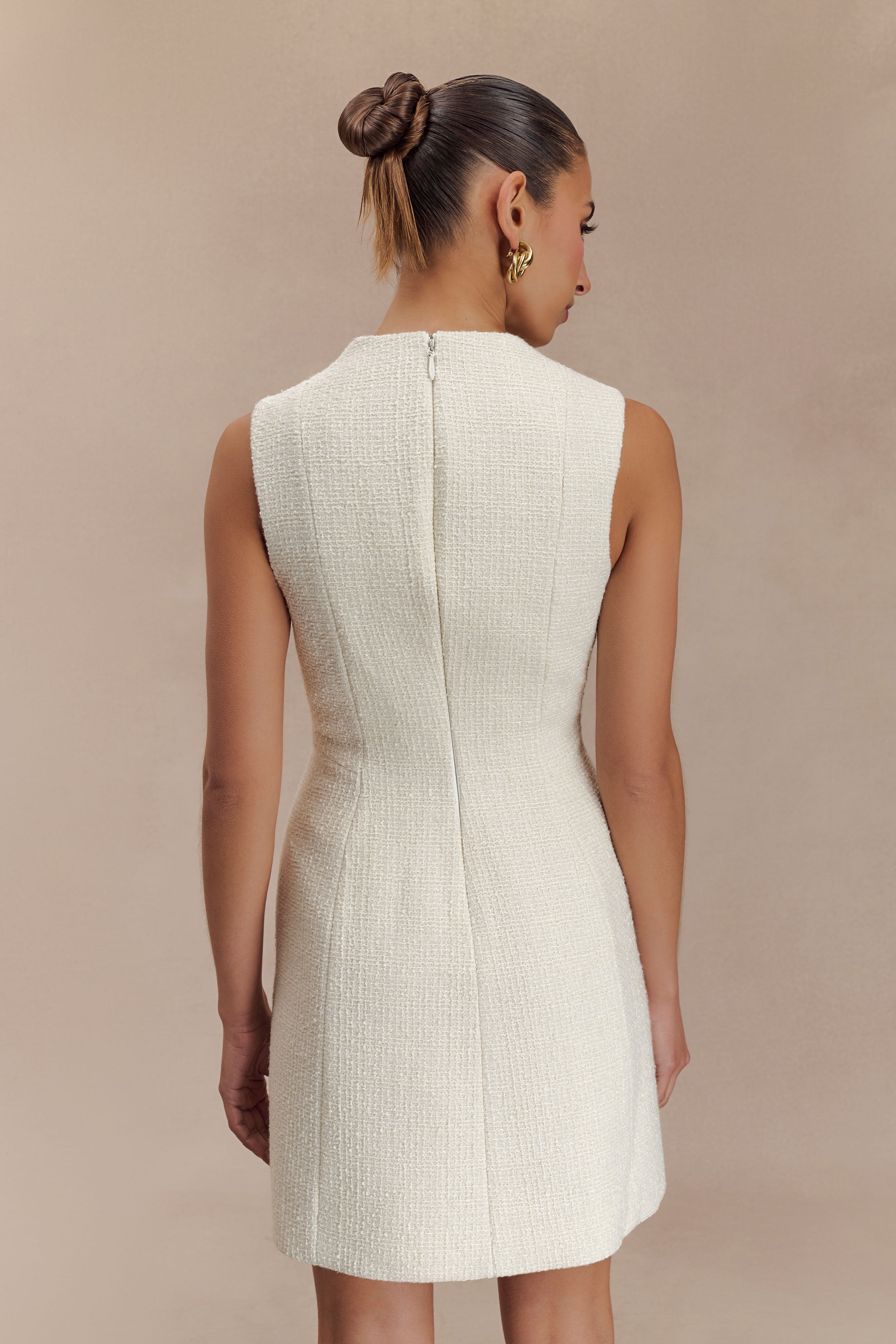 Danna Boucle Mini Dress With Pleats - White、mySite、solidvoid