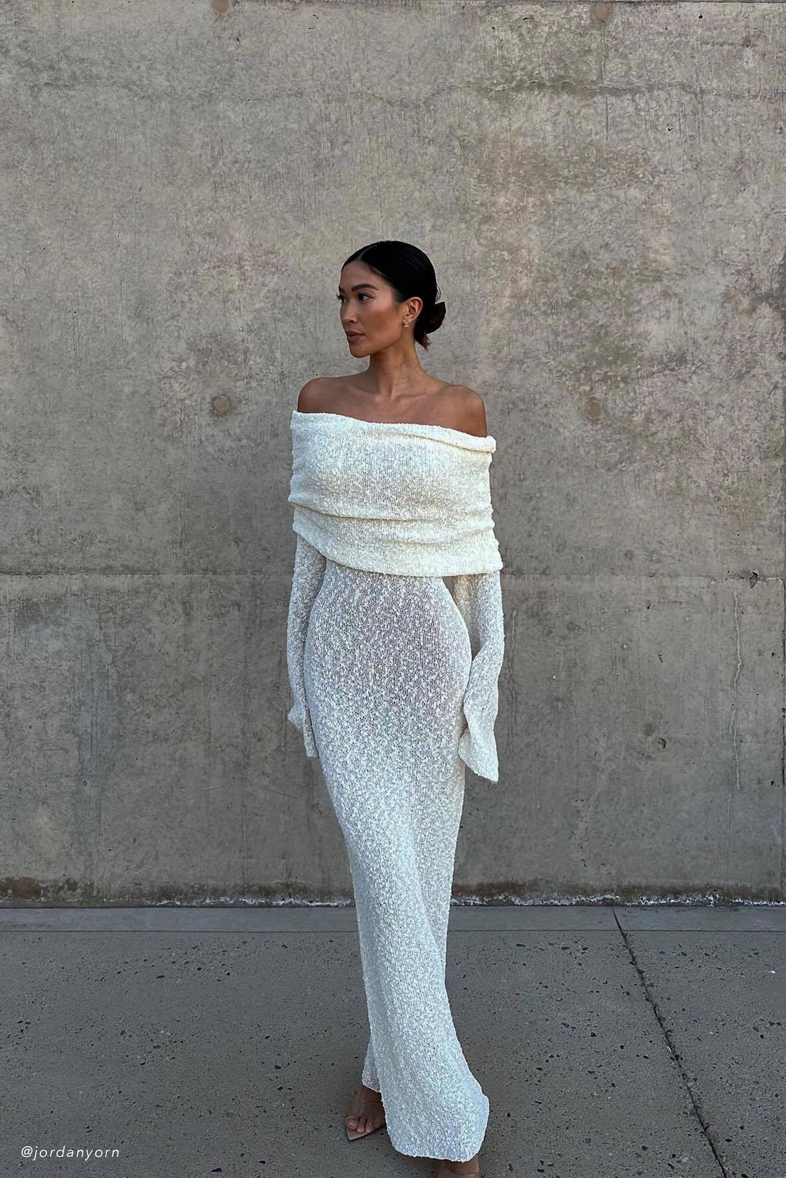 Marisol Off Shoulder Boucle Maxi Dress - Ivory、mySite、solidvoid