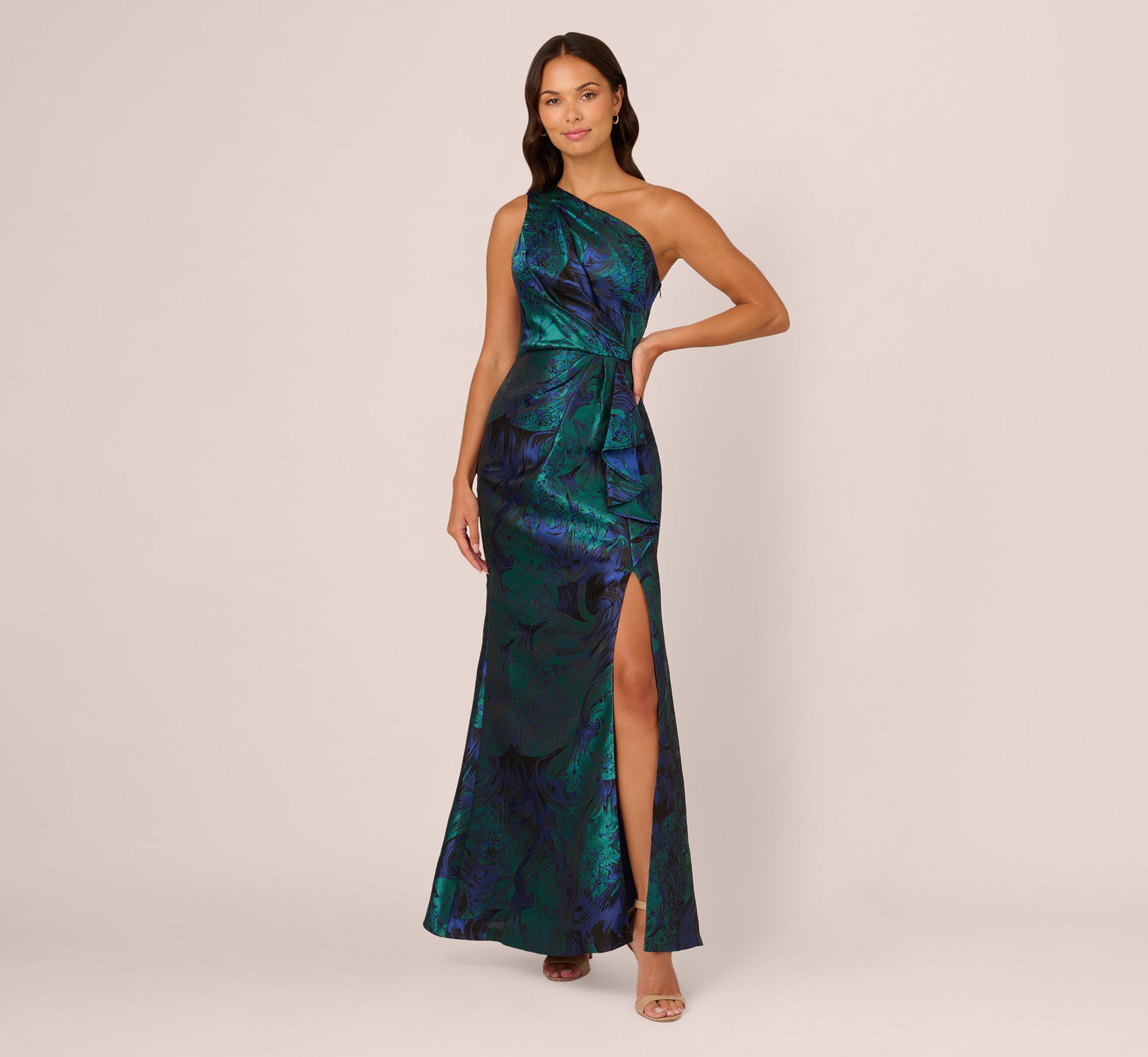 One Shoulder Jacquard Mermaid Gown With Drape Detail In Cobalt Teal、mySite、solidvoid