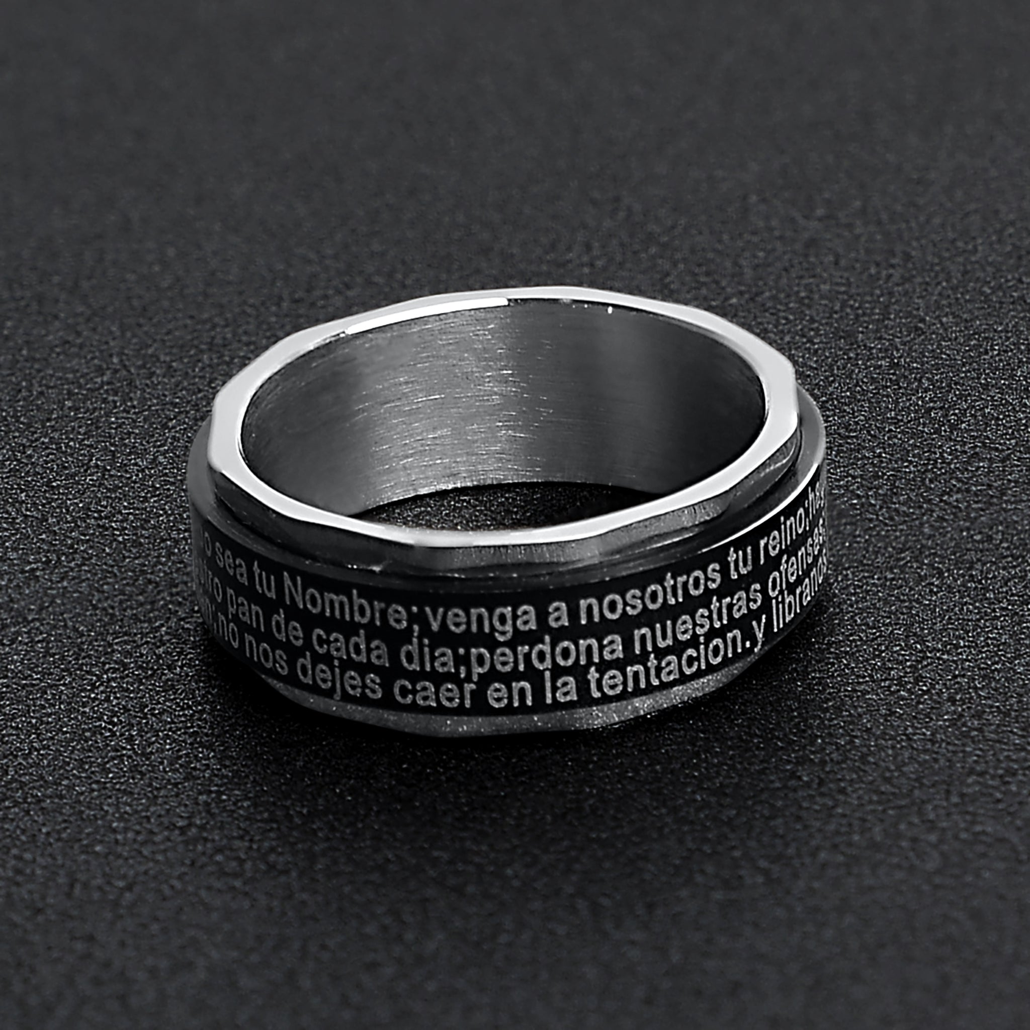 Black Stainless Steel Spanish Lord's Prayer Center Spinner Ring / SRJ1009、mySite、dreamappss