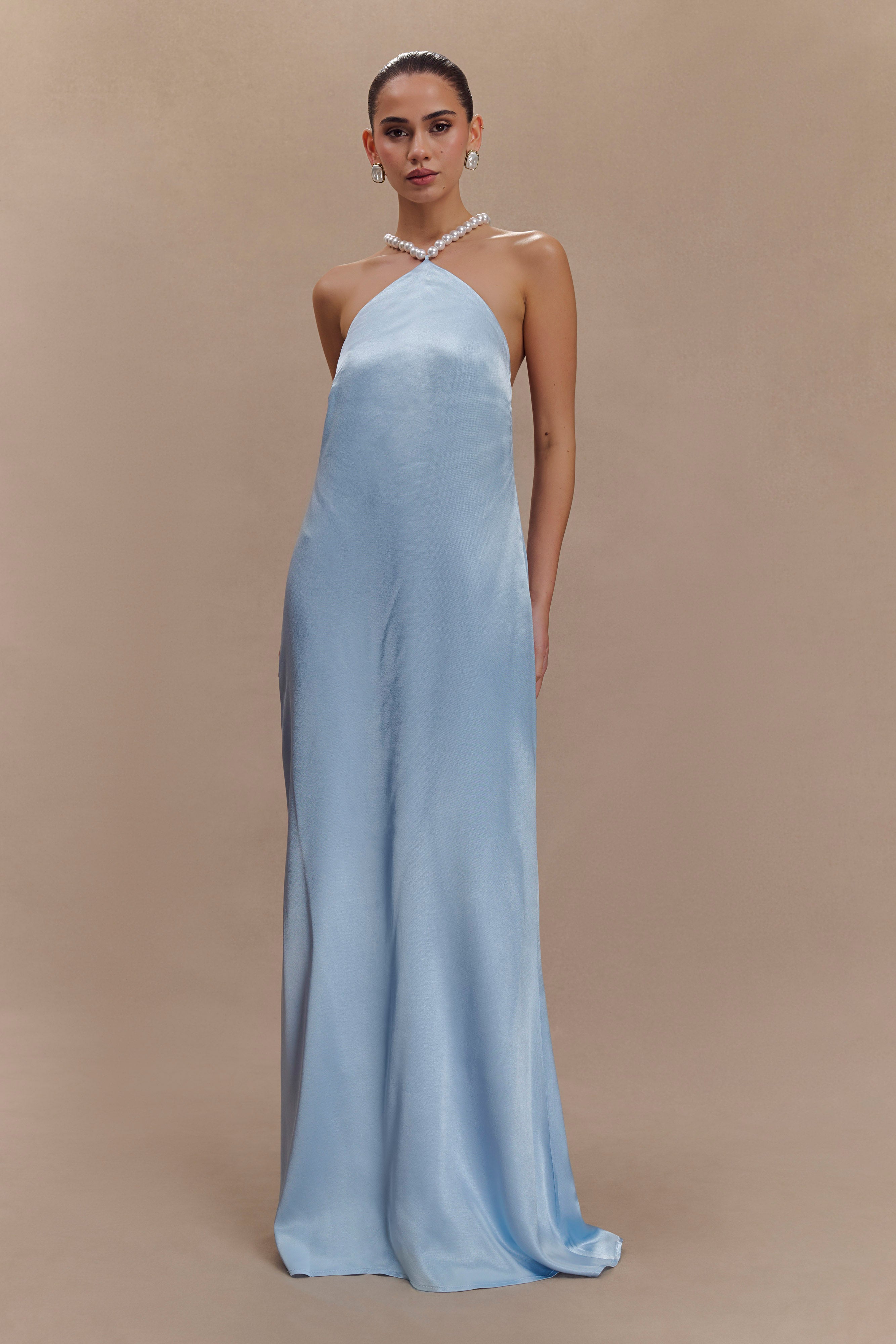 Blanche Satin Pearl Halter Maxi Dress - Cornflower Blue、mySite、solidvoid
