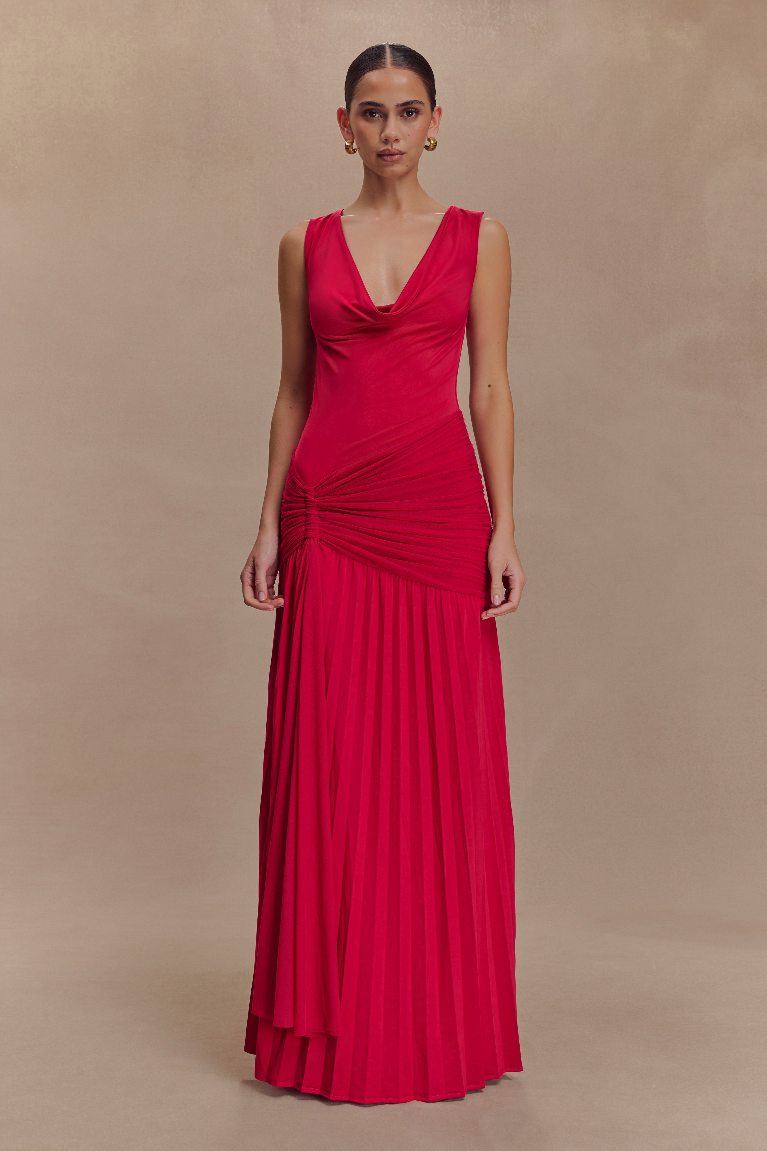 Dania Cowl Neck Slinky Maxi Dress - Fuchsia Pink、mySite、solidvoid