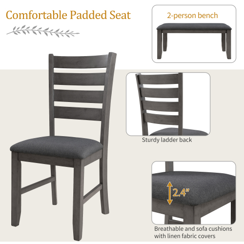 TREXM Dining Room Table and Chairs with Bench, Rustic Wood Dining Set, Set of 6 (Gray)、、casual