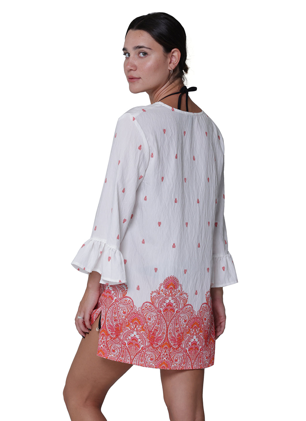 J.Valdi Women's Corsica Ruffle Sleeve Lace Neck Tunic Cover Up、mySite、noshort