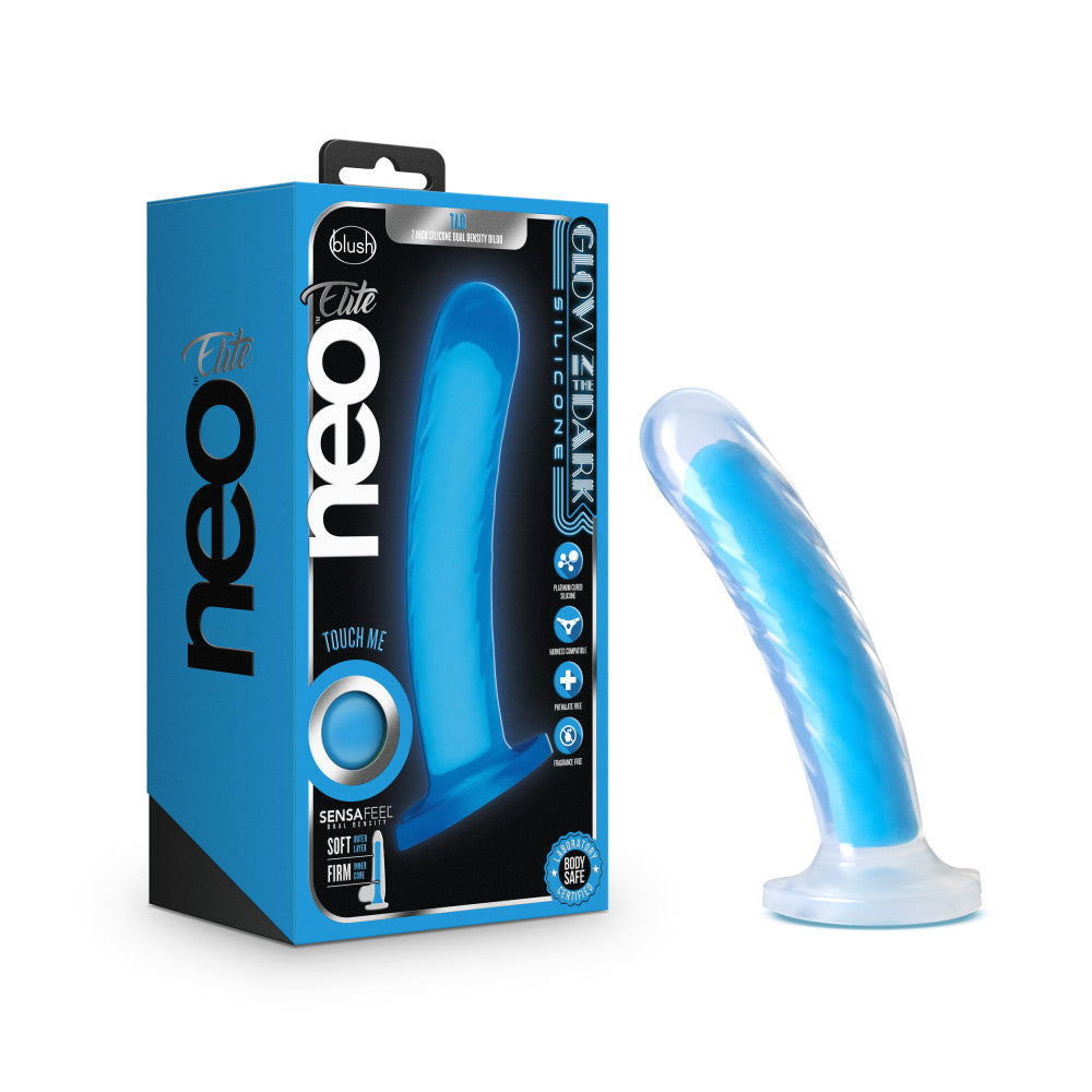 Neo Elite By Blush® | Tao Glow In The Dark Neon Blue: 7-Inch Long Dildo - Made with Purio™ Silicone & SensaFeel® Dual Density Realistic Technology、mySite、bottomscart