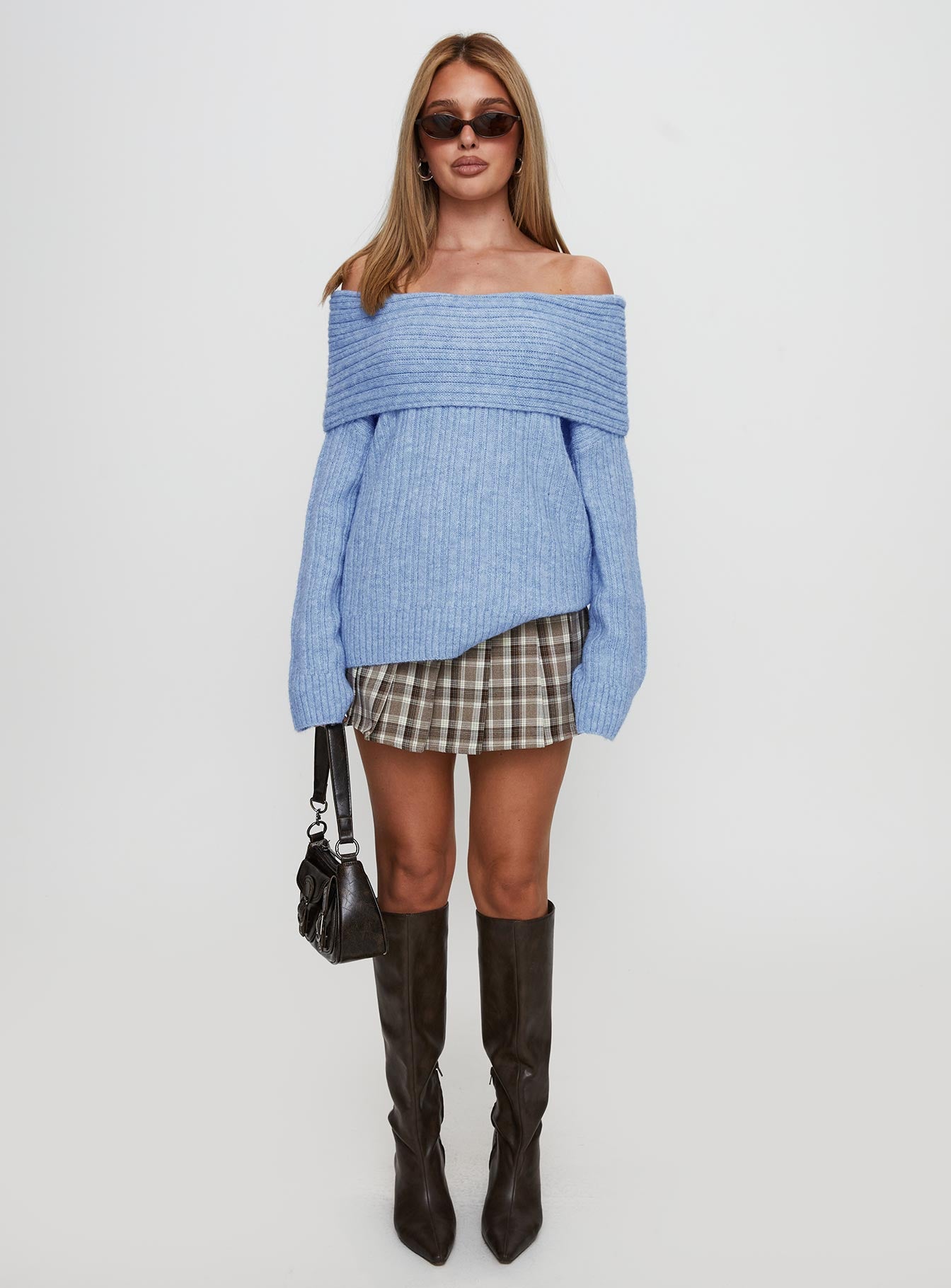 Snowie Off Shoulder Knit Sweater Blue、mySite、solidvoid