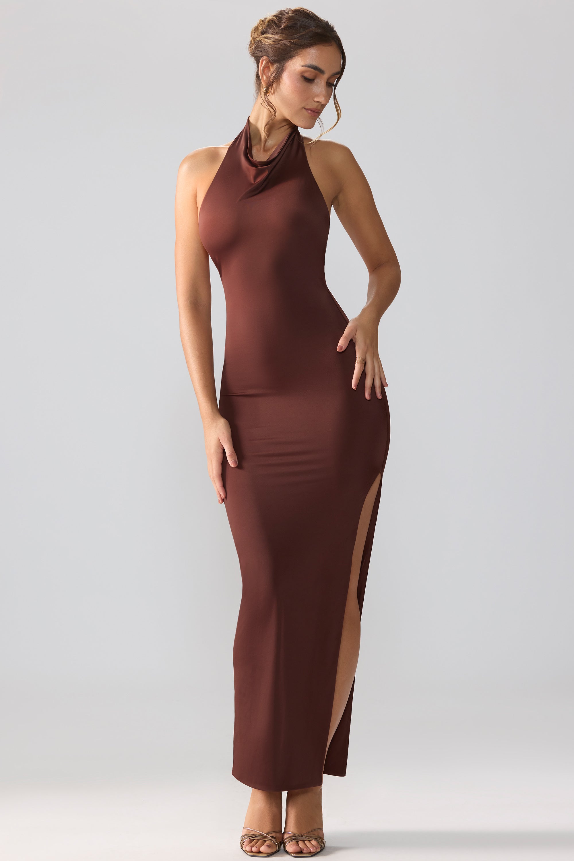 Premium Jersey Cowl Neck Backless Maxi Dress in Espresso、mySite、solidvoid