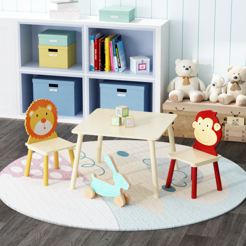 Kids Table and 2 Chairs Set, 3 Pieces Toddler Table and Chair Set, Wooden Activity Play Table Set (Lion&Monkey)、、casual