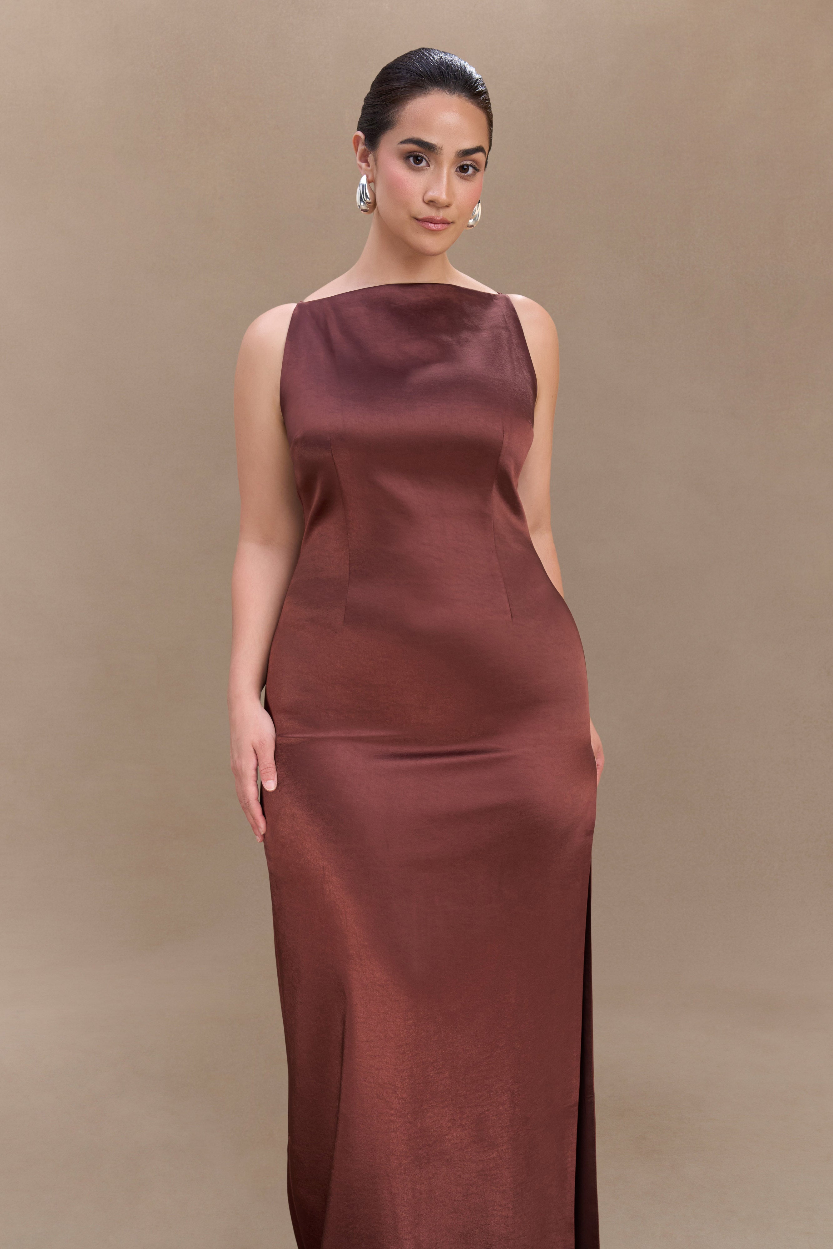 Violet Sleeveless Satin Maxi Dress - Dark Chocolate、mySite、solidvoid