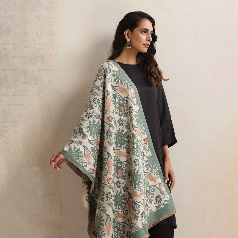 Woolen Reversible Stole | Floral Print | Green、mySite、camillekostekn